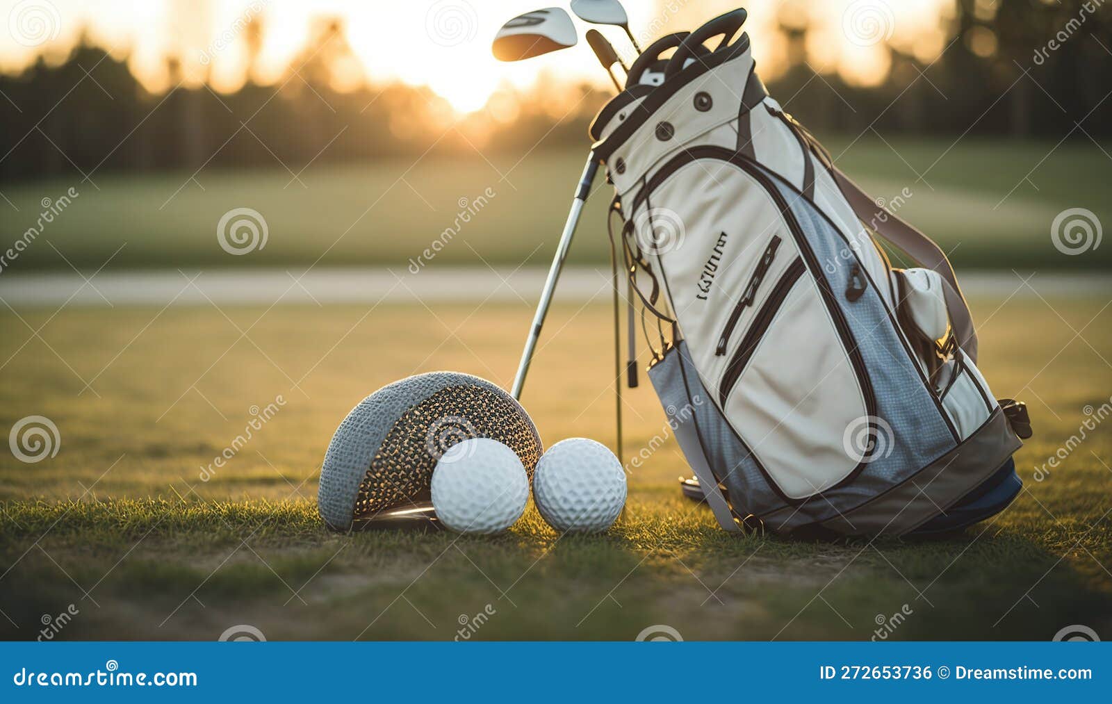 Golf Ball and Golf Club in Bag on Green Grass, Generative Ai Stock