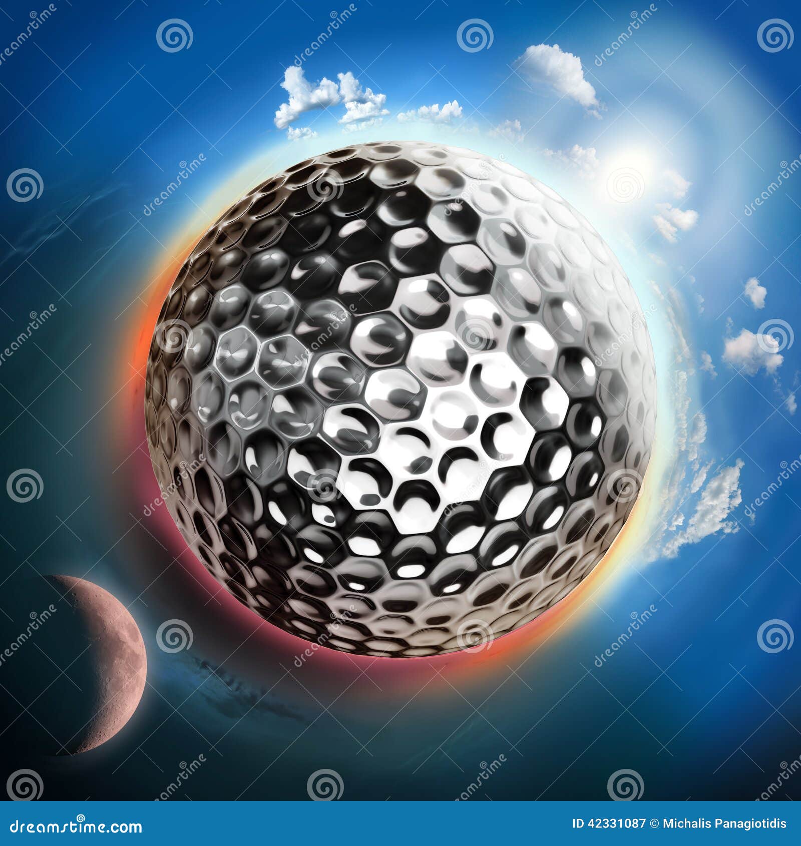 Golf Ball Globe with Sun and Moon Stock Illustration Illustration of