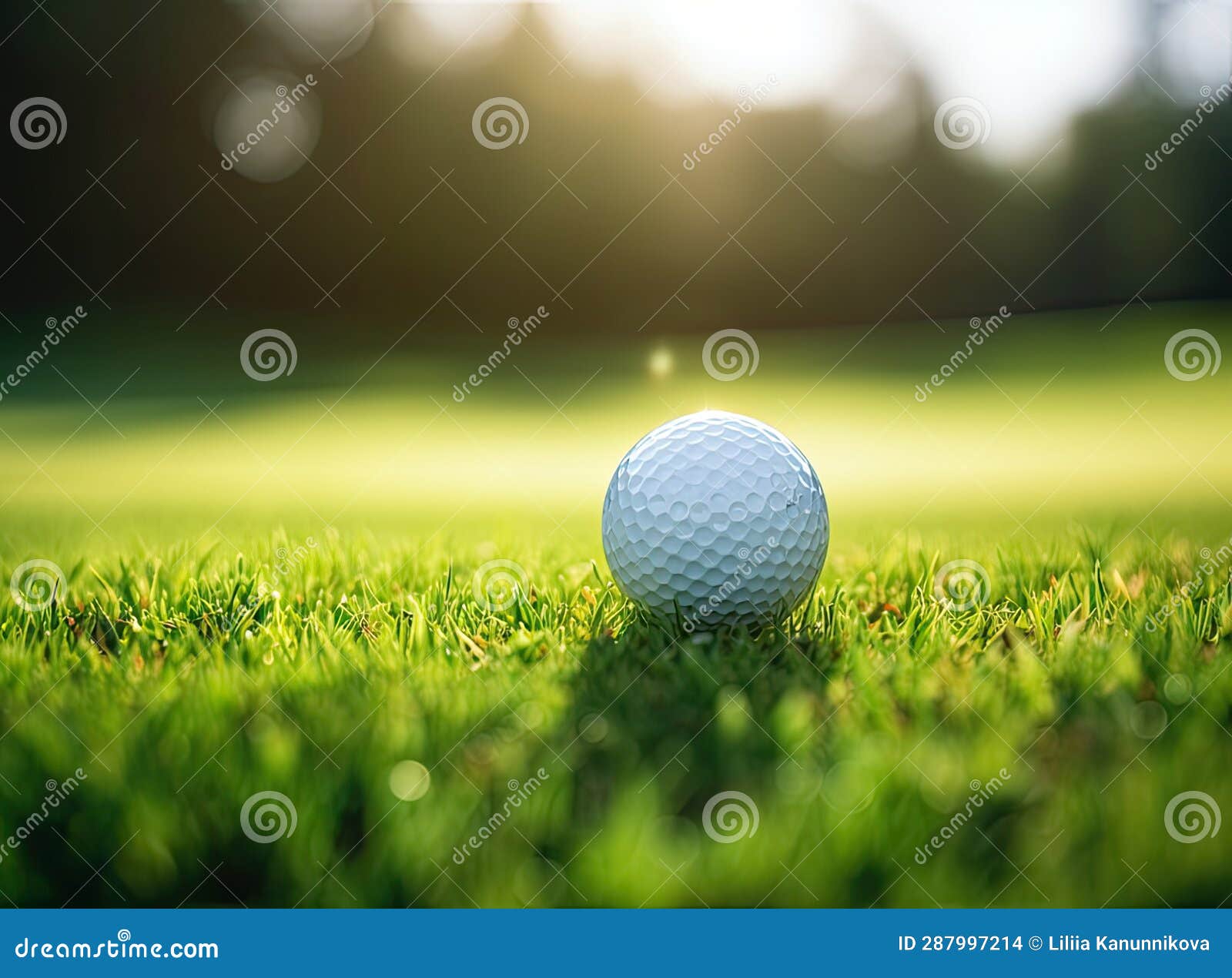 Golf Ball on Green in Beautiful Golf Course with Sunset. Golf Ball Close Up in Golf Coures
