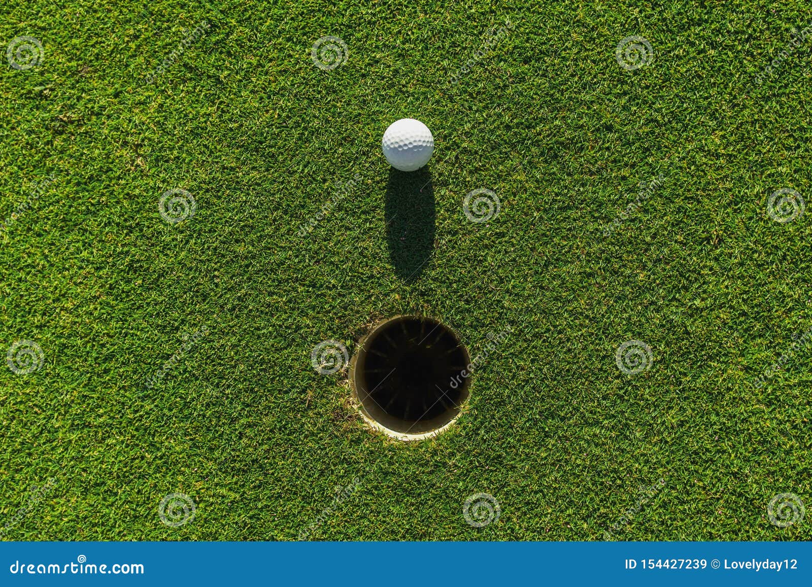 Golf Ball on Green Grass with Hole and Sunlight Stock Image Image of