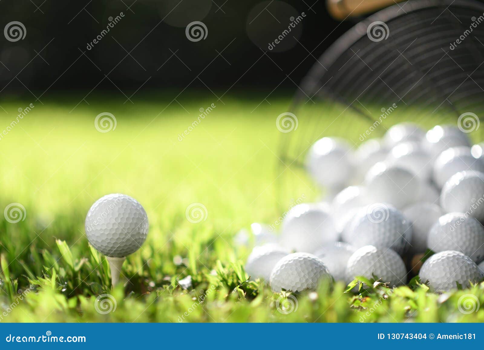 Golf Ball on Tee and Golf Balls in Basket on Green Grass for Practice