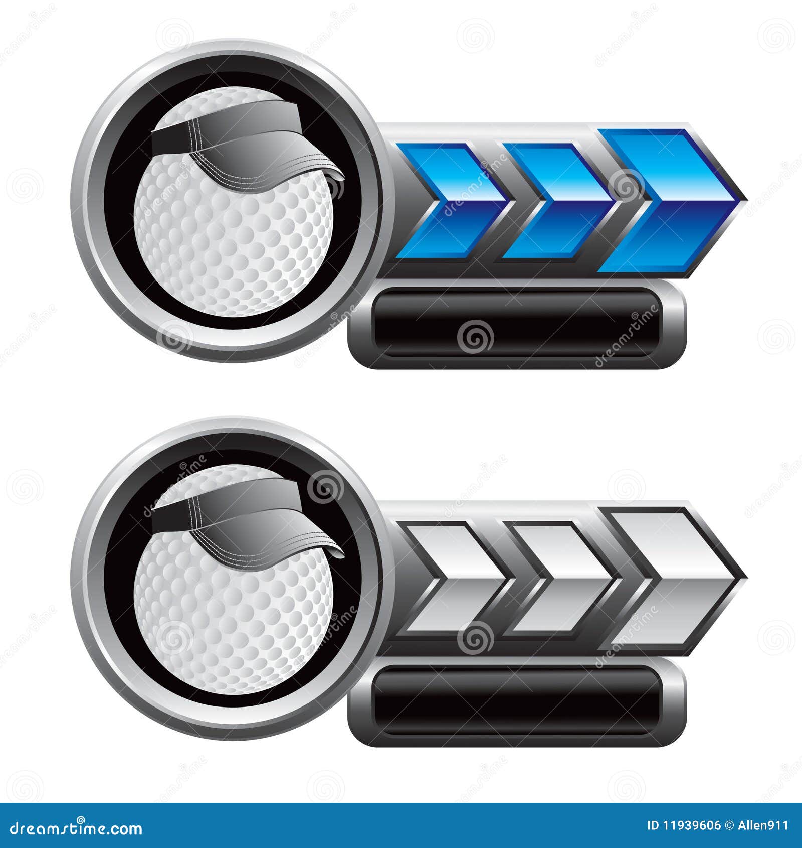 Golf Ball with Visor on Blue and White Arrow Tabs Stock Vector