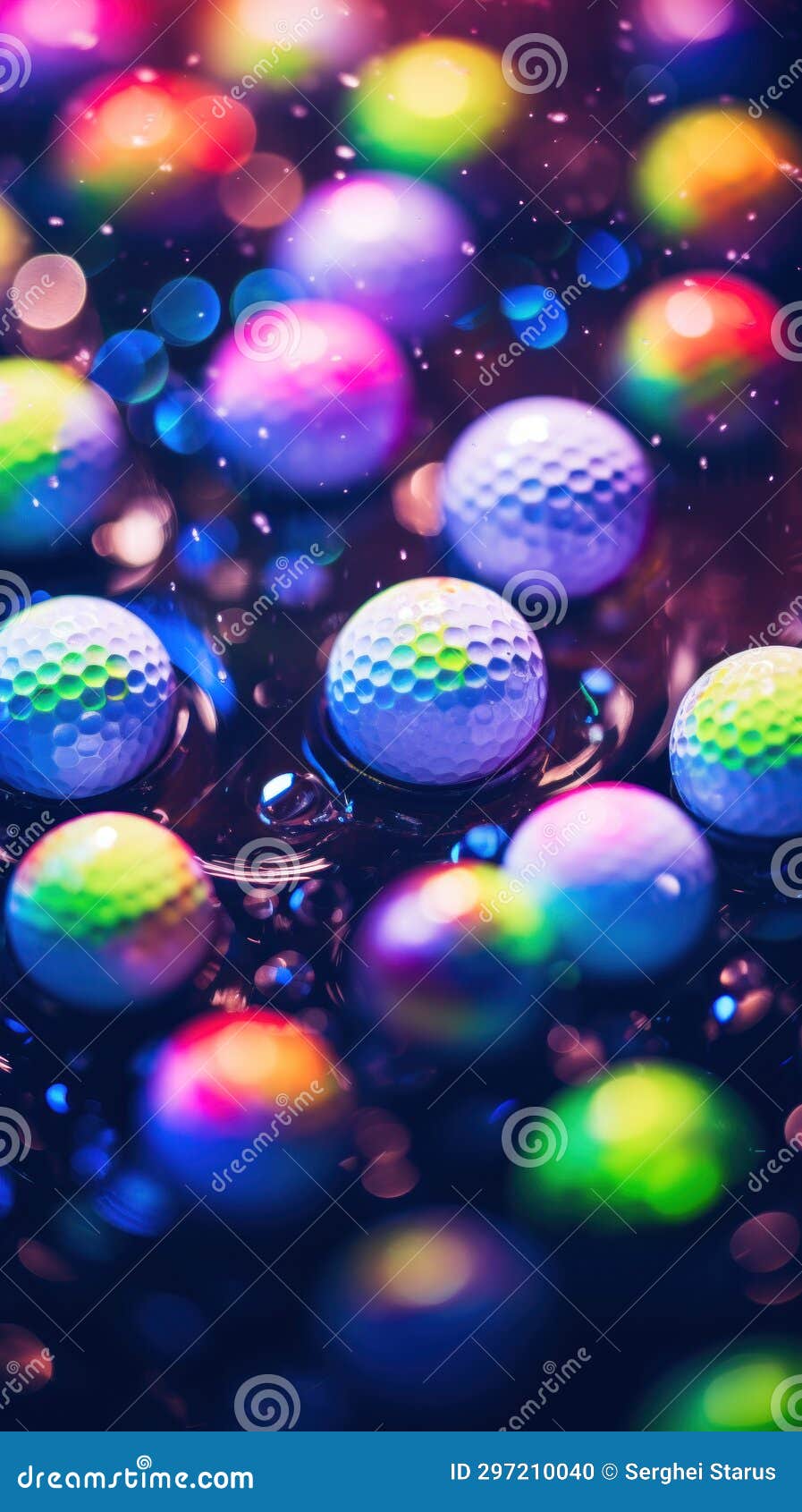 Golf Balls in Water with Rainbow Colored Bubbles, AI Stock Illustration