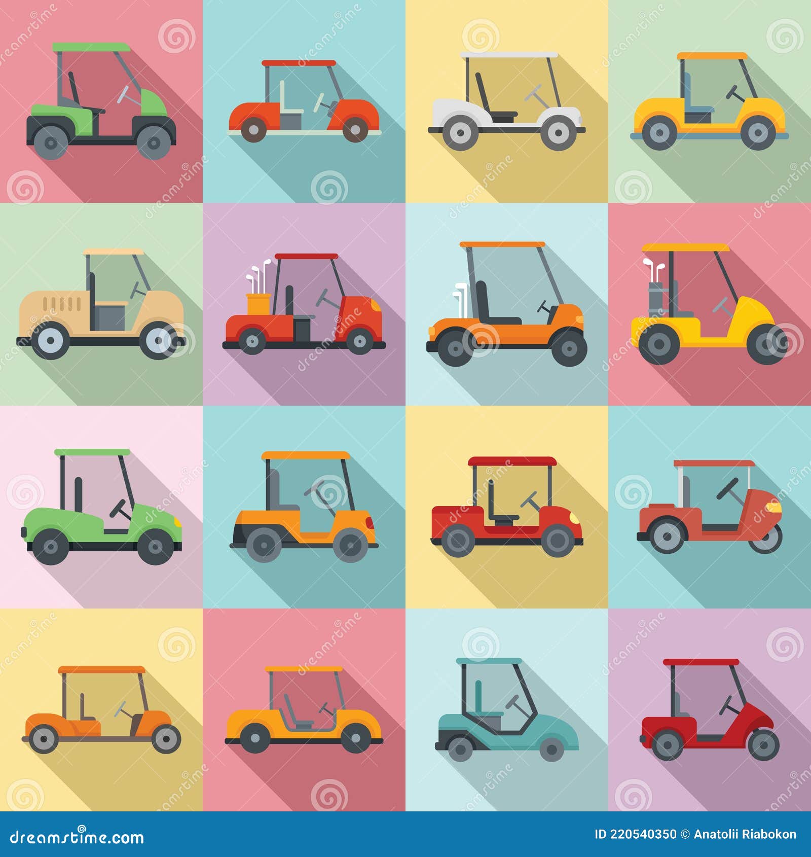 Golf Cart Icons Set, Flat Style Stock Vector Illustration of club