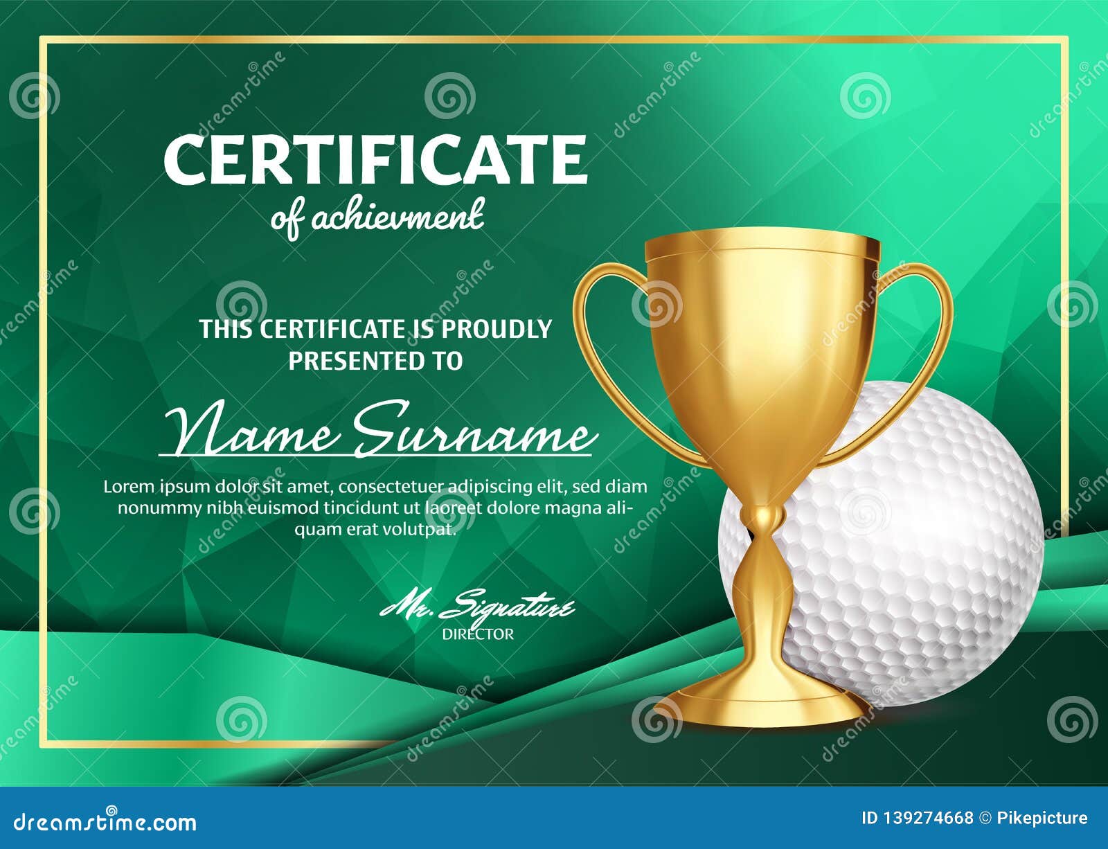 Golf Certificate Diploma with Golden Cup Vector. Sport Award Regarding Golf Certificate Template Free