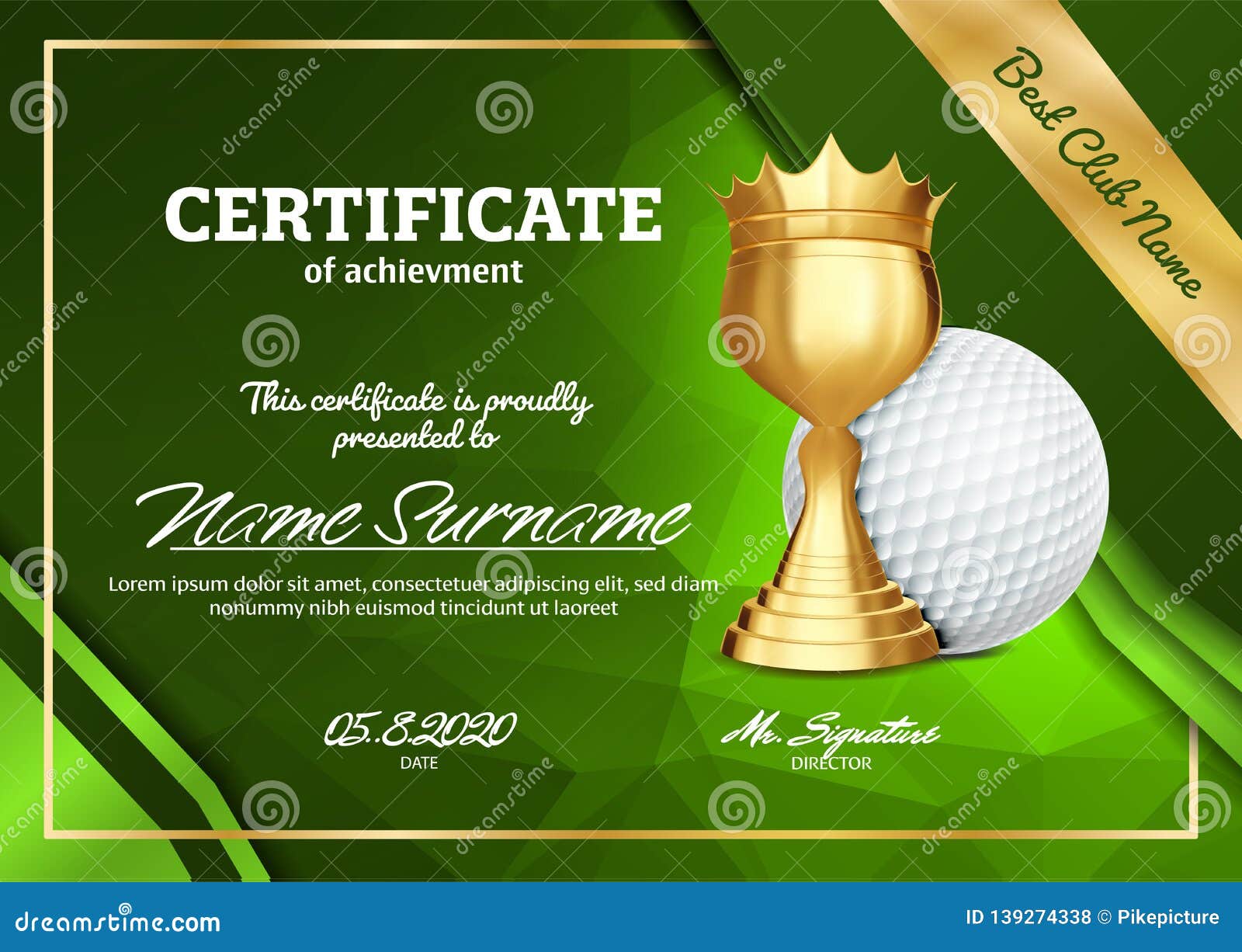 Golf Certificate Diploma with Golden Cup Vector. Sport Graduation Pertaining To Golf Certificate Template Free