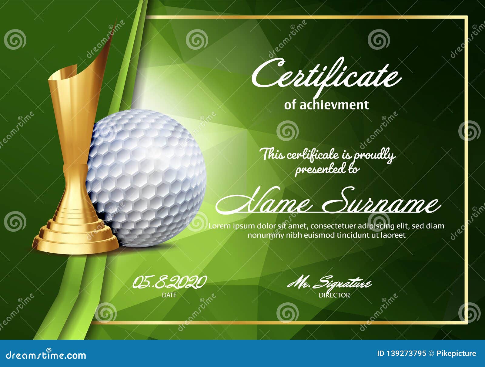 Golf Certificate Diploma with Golden Cup Vector. Sport Vintage With Golf Gift Certificate Template