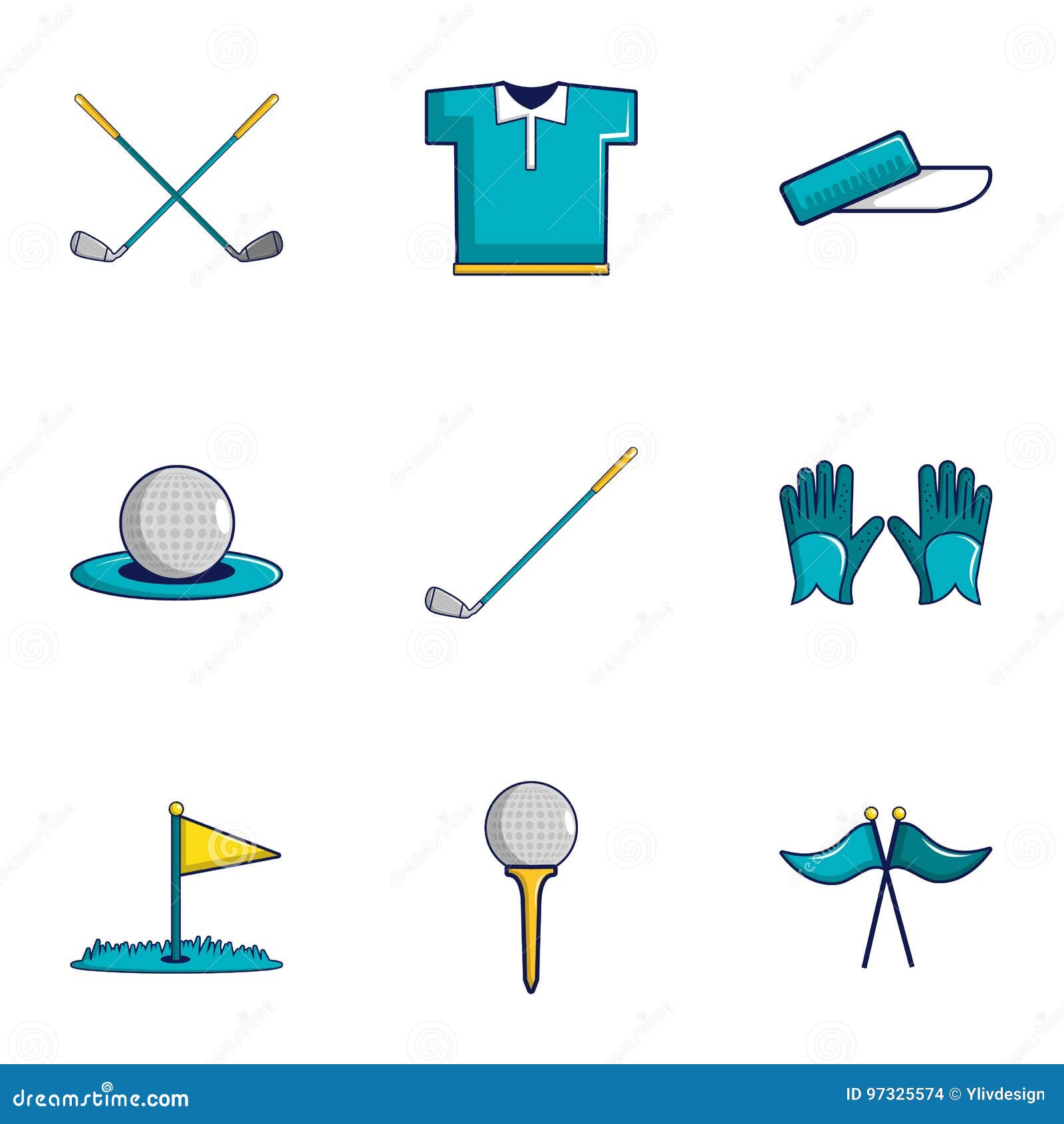 Golf Equipment Icons Set, Cartoon Style Stock Vector Illustration of