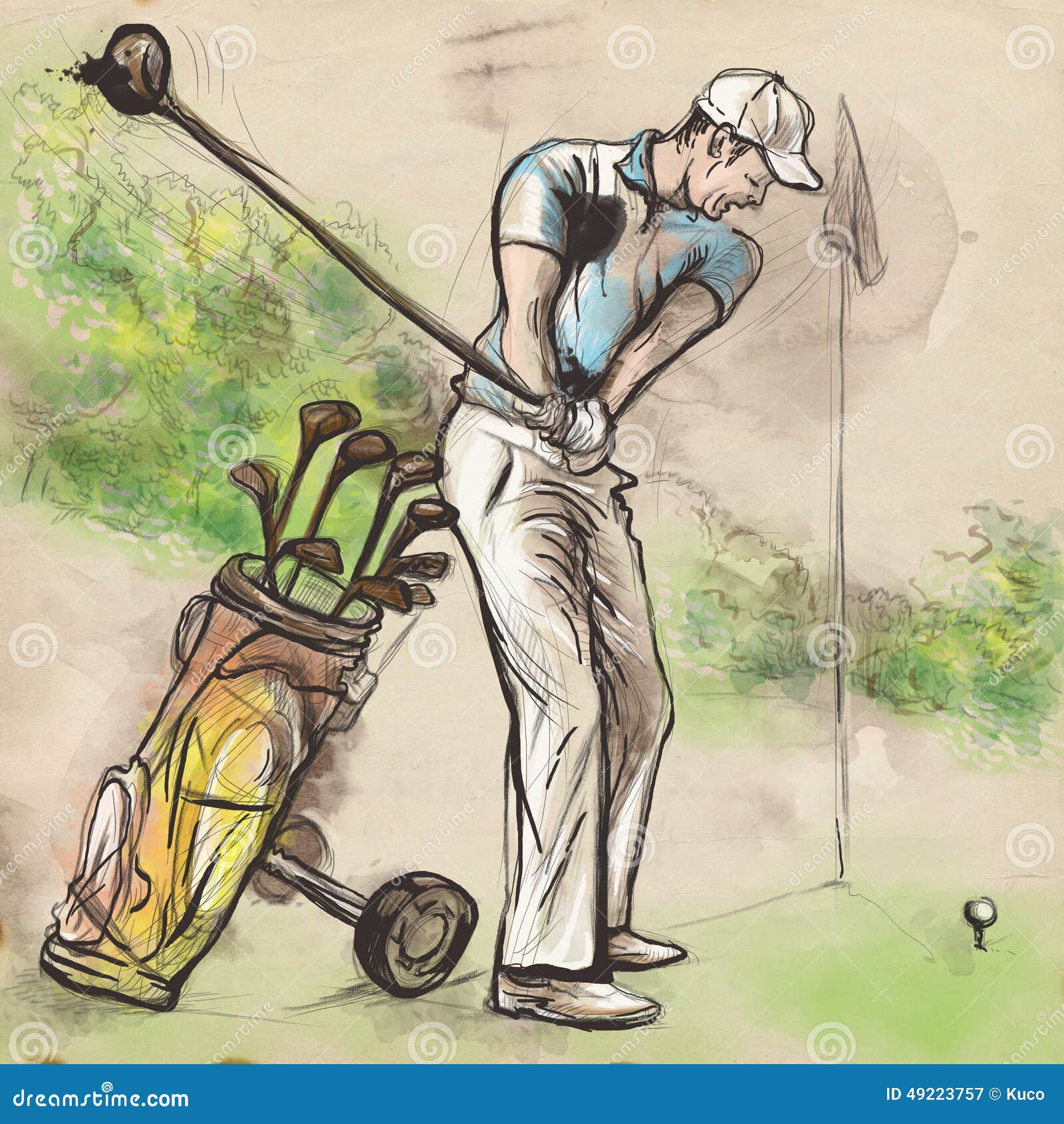 Golf Player an Hand Drawn and Painted Illustration Stock Vector Illustration of editable