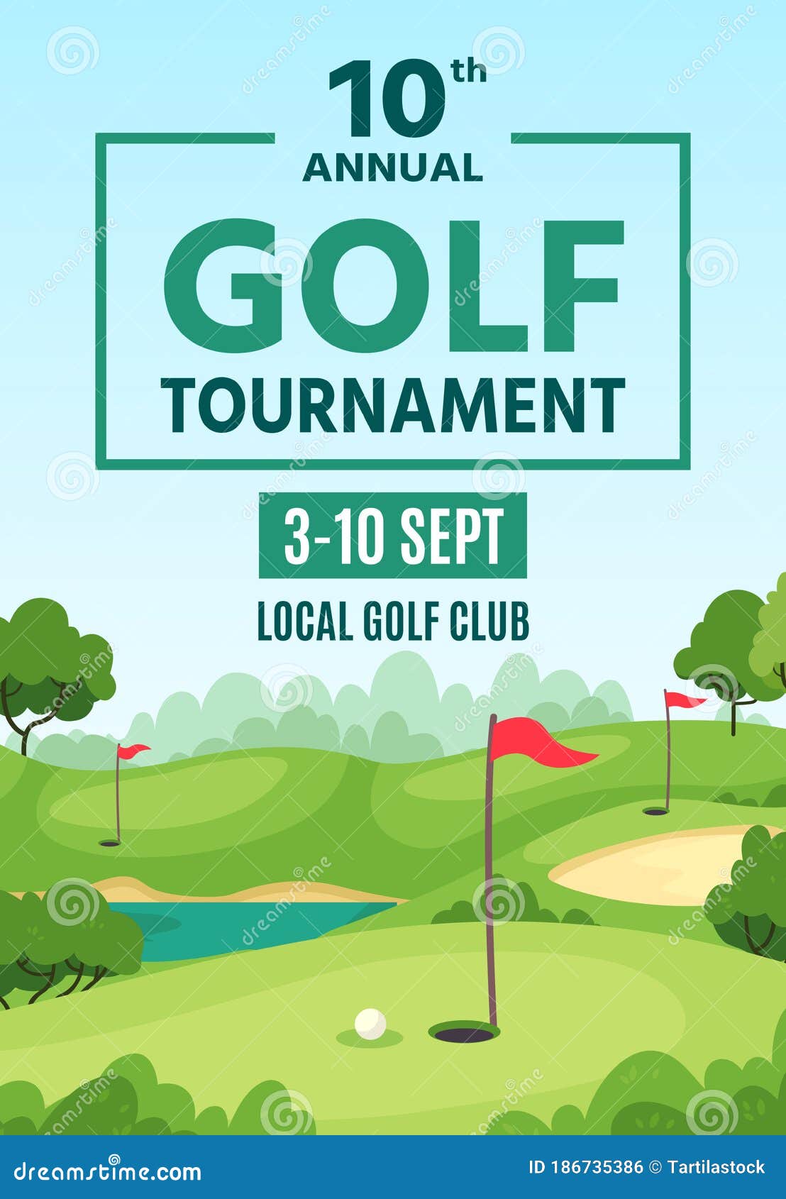 Golf Poster. Green Course, Holes with Flagsticks and Sand Traps Golf Poster. Green Course, Holes with Flagsticks and Sand Traps