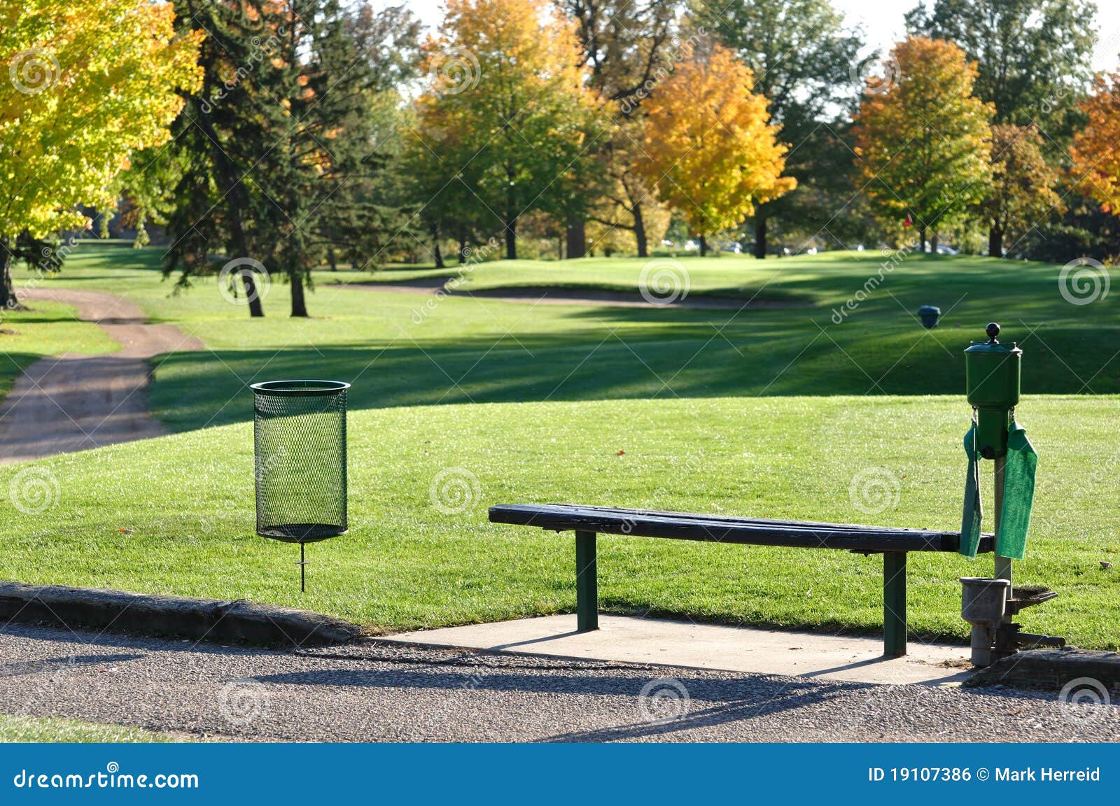 Golf Tee Box and Bench stock photo. Image of foliage 19107386