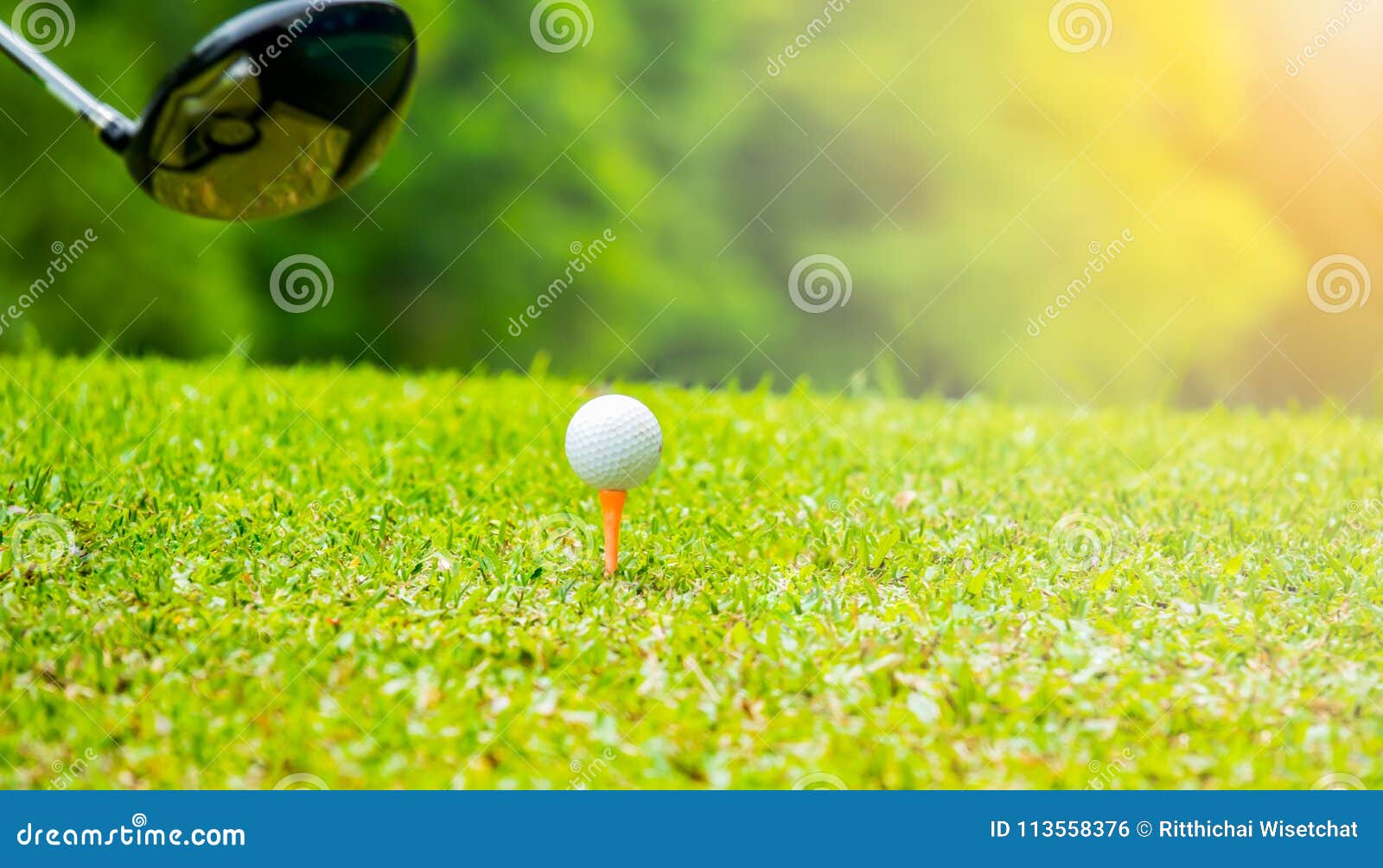 Golfer Hitting Golf Ball on Tee Off Zone in Golf Course Stock Photo
