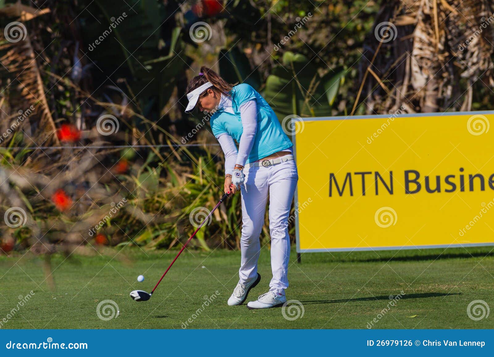 Golfer Klatten Driving Ball. Lady Pro Golfer Klatten from Germany striking the ball with a driver wood at the par four in the final round of Ladies Professional Golf at Selborne CC at the south coast of KZ Natal Province in South Africa.