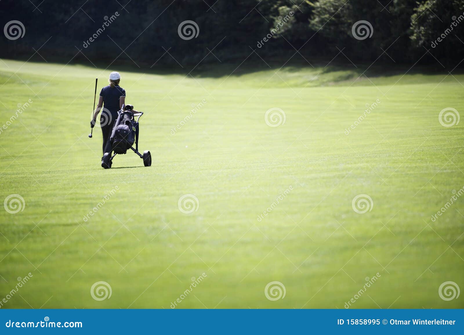golfer walking on fairway with bag.
