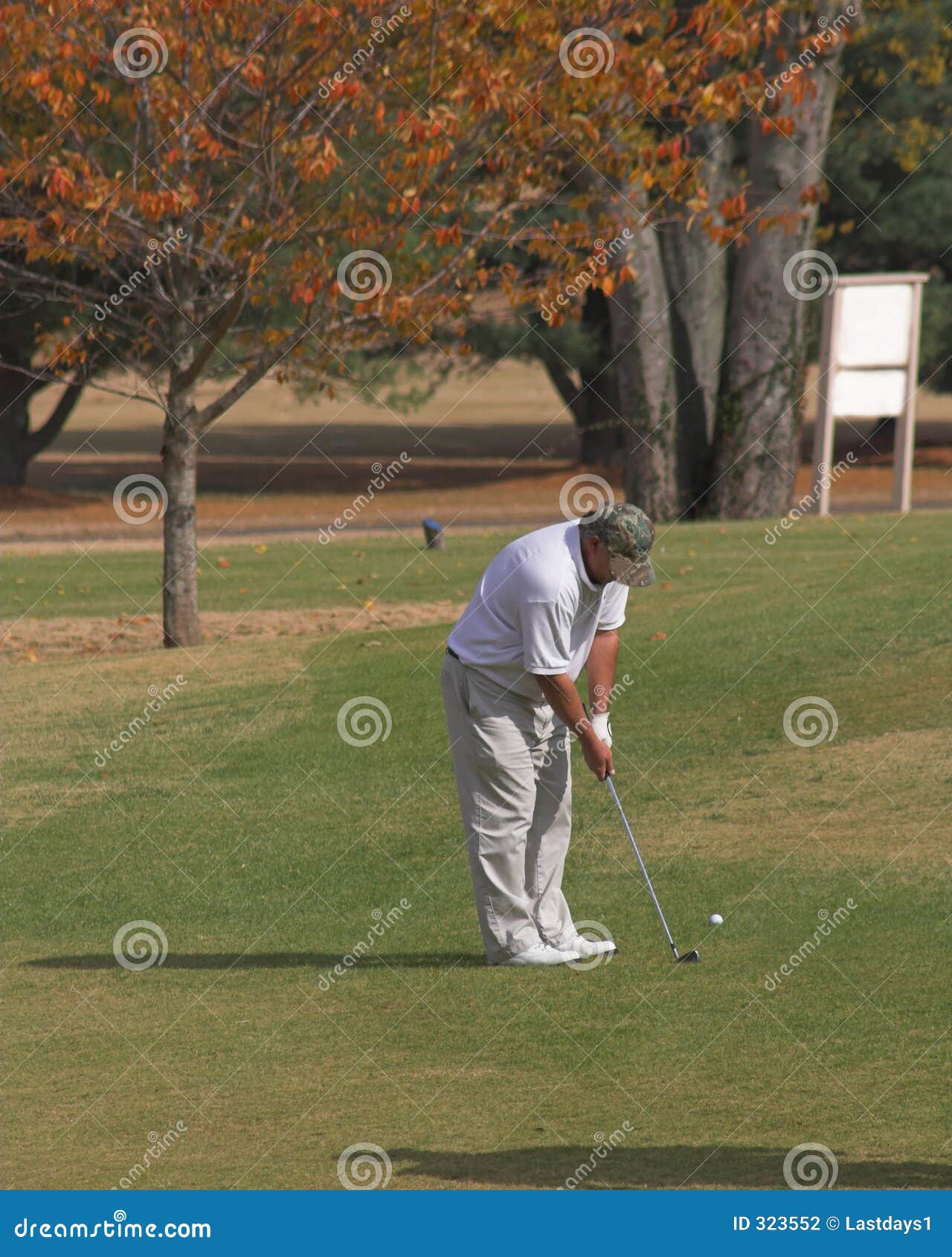 Golfing In The Fall. Gentleman playing golf on beautiful fall day