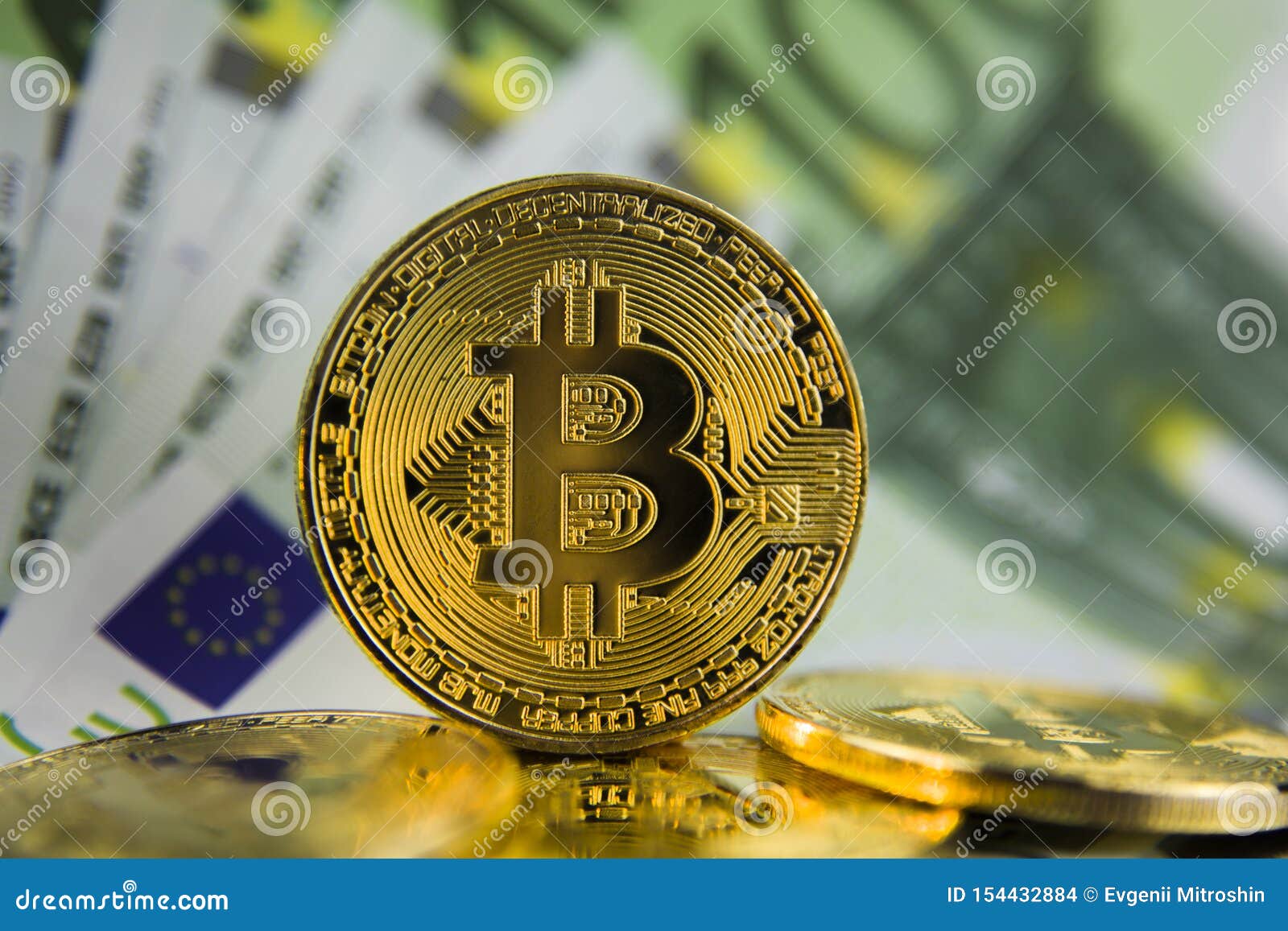 Golg Coins Bitcoin on Euro Banknotes Stock Photo - Image of economy, money:  154432884