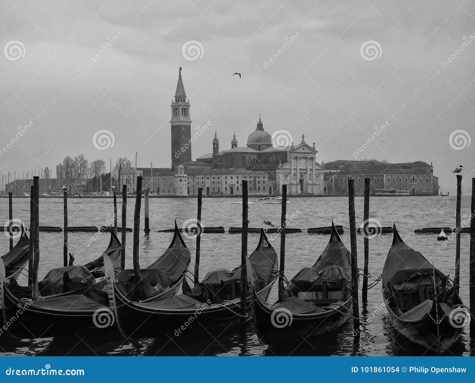 Gondeln machten in Venedig außerhalb des Dogepalastes in San-marco fest. Gondeln machten in Venedig außerhalb des Dogepalastes in San-marco mit der Insel von San Giorgio über dem Wassermonochrombild fest