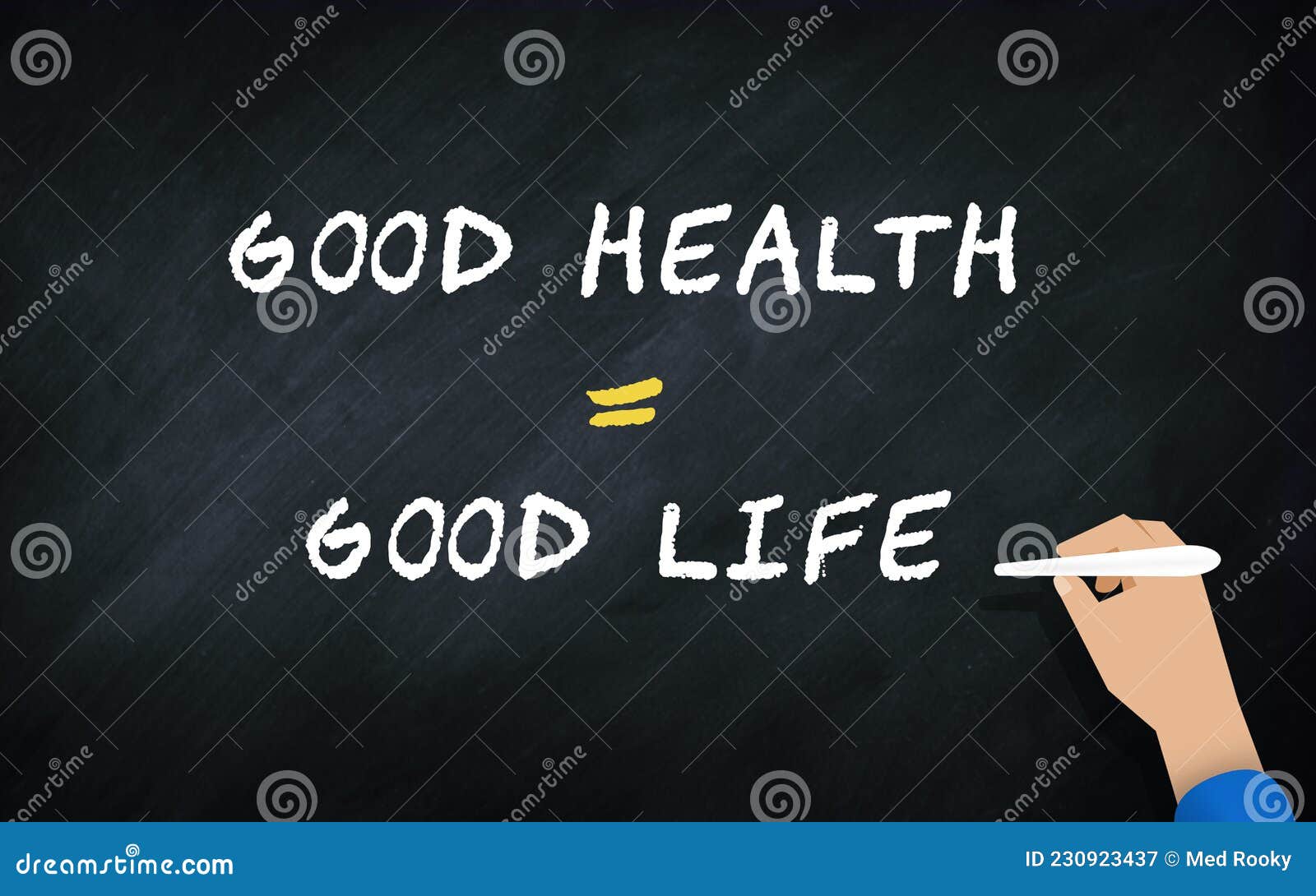 good greatly equal good life conceit on chalkboard with human hand writing text in blackboard . conceptual idea of health