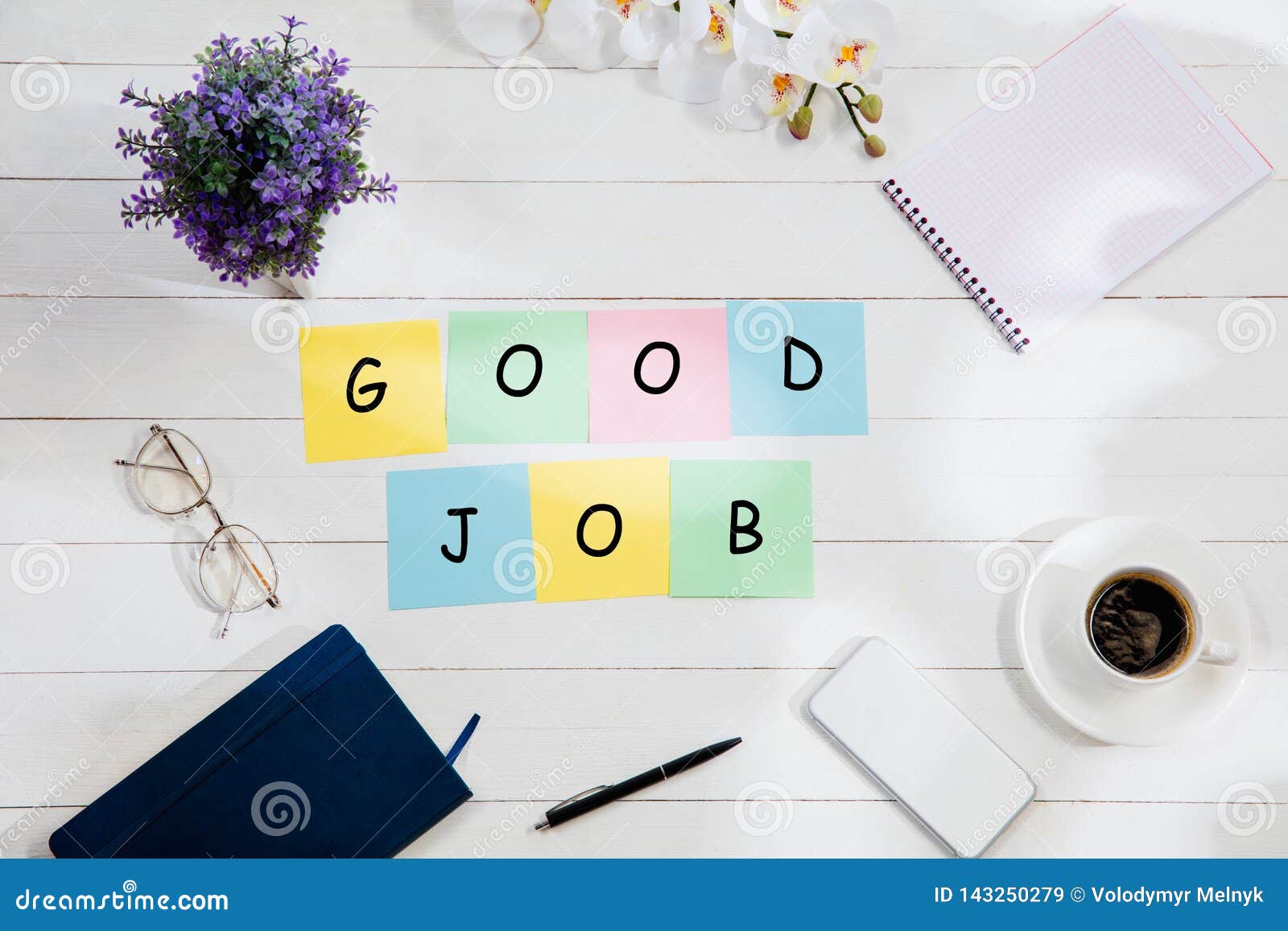 Good Job Message At Colorful Note Papers On A Desk Background