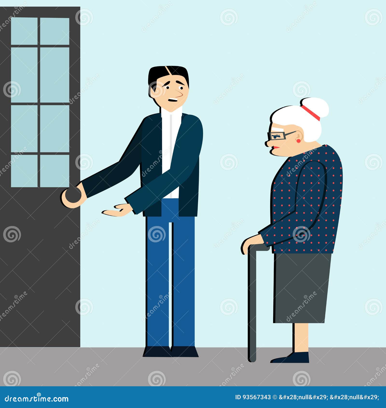 good manners. man open the door to an elderly person.tired woman.etiquette.polite man