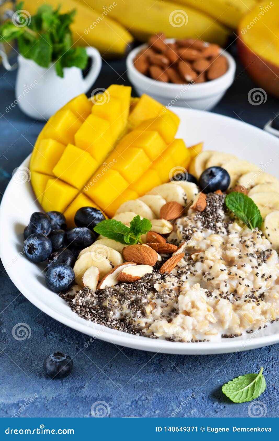 Good Morning! Breakfast with Oatmeal, Banana, Mango, Blueberries ...