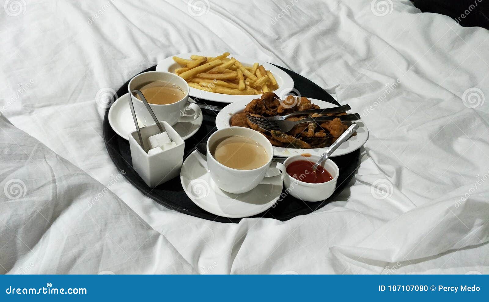Good Morning Breakfast Tea Frenchfries Bed Couple Stock Photo ...