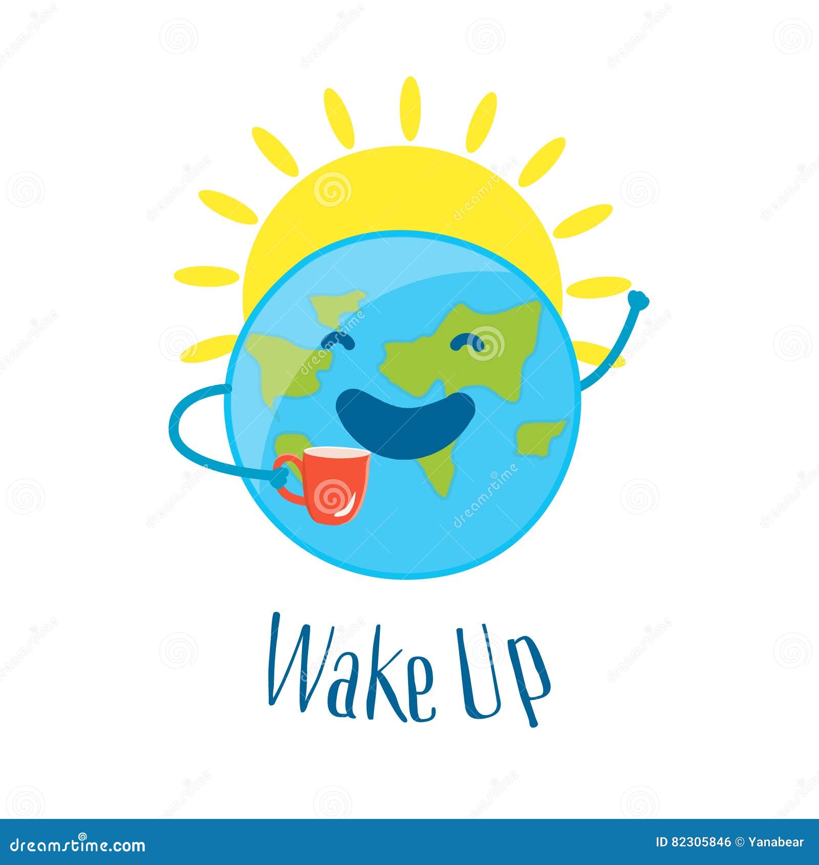 Good Morning Card with Sun and Funny Earth with Cup of Tea. Wake Up Stock  Vector - Illustration of cartoon, planet: 82305846