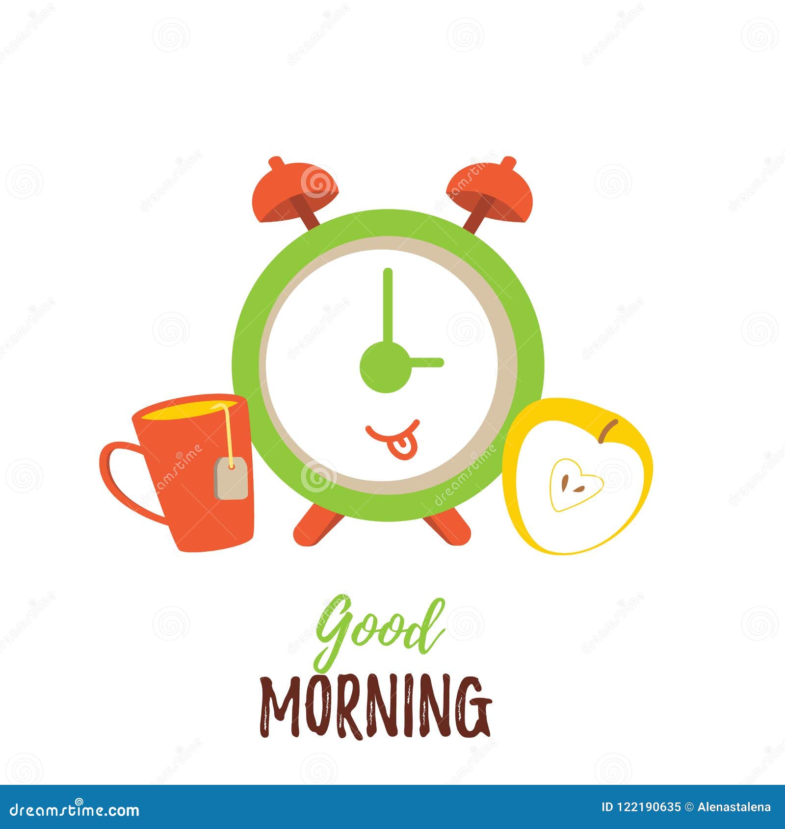 Good Morning Cartoon Poster with Cute Tea Cup, Apple and Clock ...