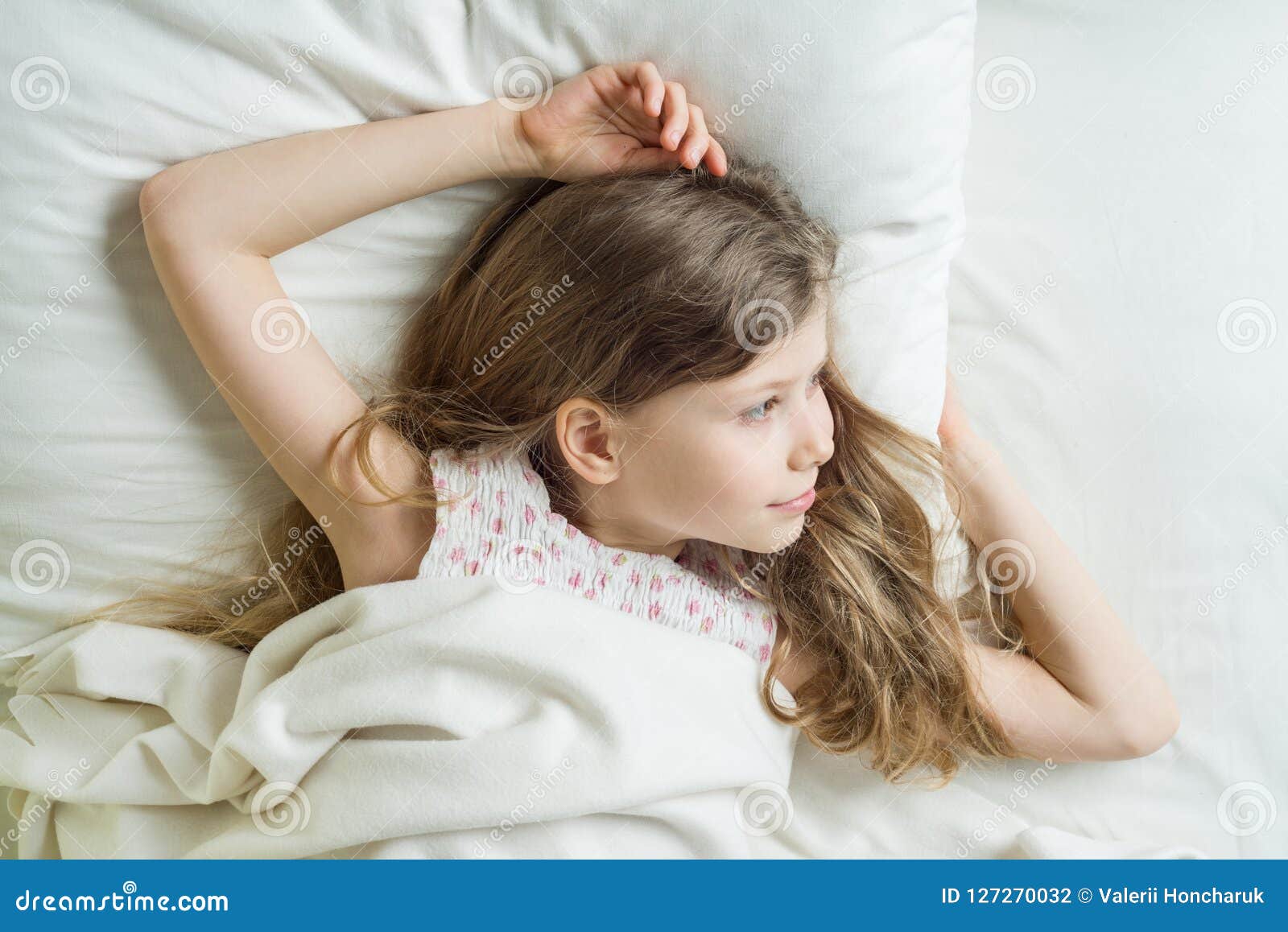 Good Morning, Child Girl Blonde with Long Wavy Hair Wakes Up ...