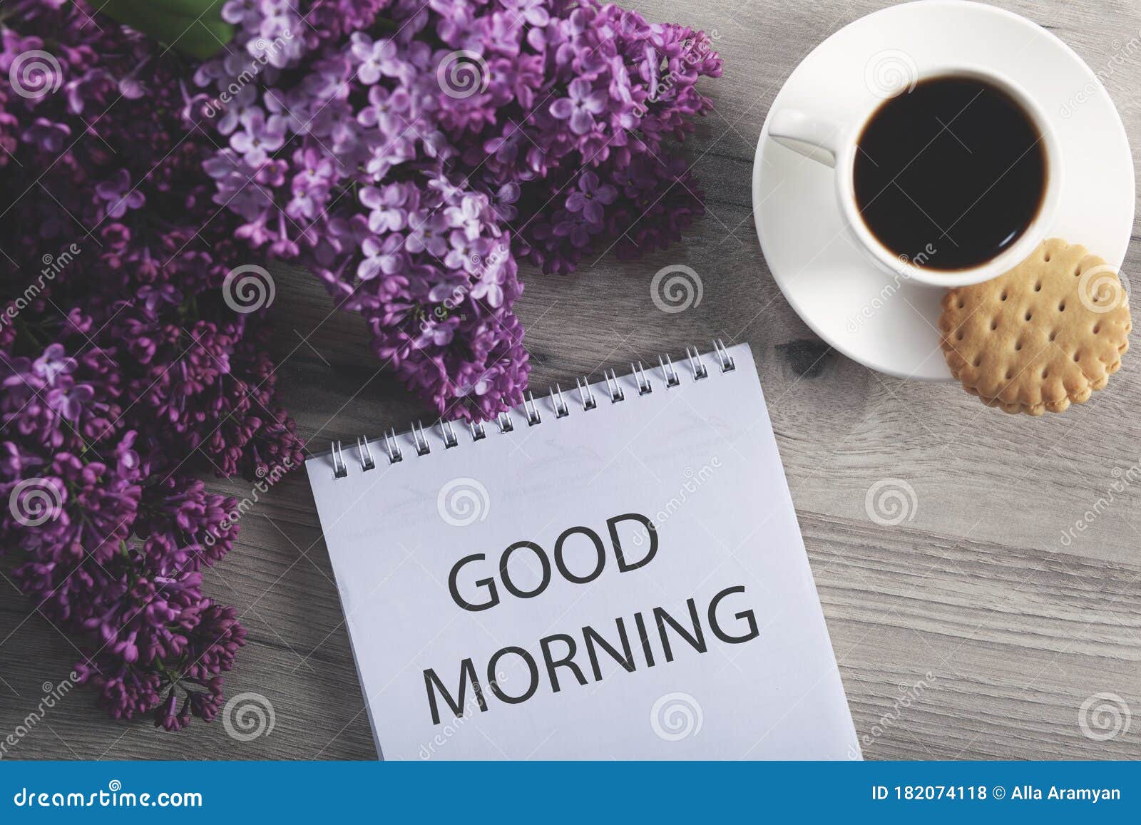 Good Morning and Coffee with Lilac on Table Stock Photo - Image of ...