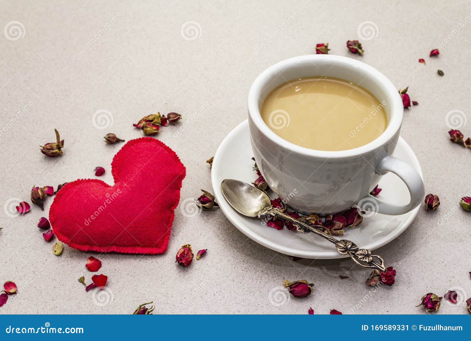 Good Morning. Cup of Coffee, Rose Buds and Petals, Red Felt Heart ...