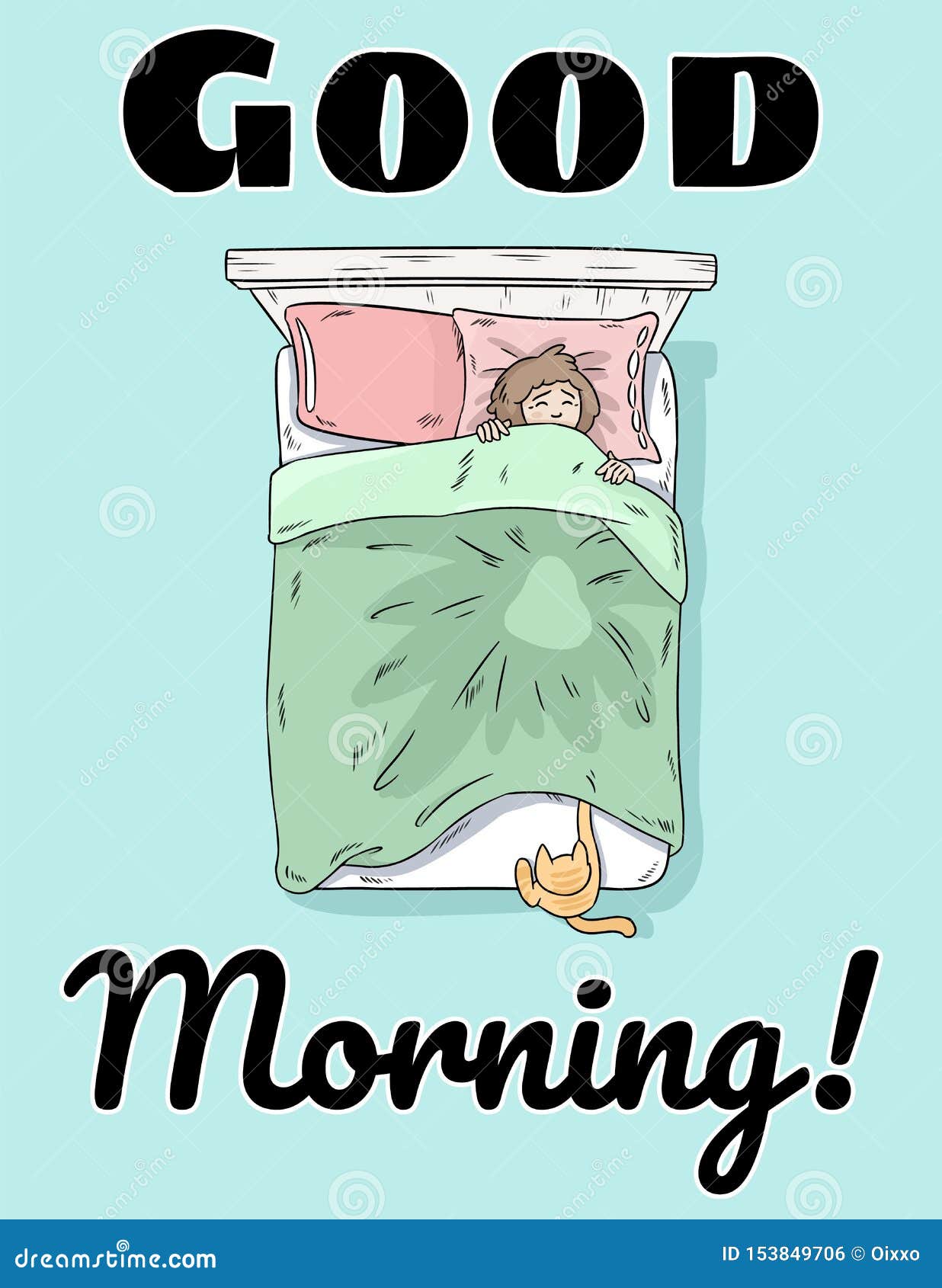 Good Morning Cute Postcard. Hand Drawn Comic Style Funny Illustration. Cat  Trying To Wake Up the Girl Stock Vector - Illustration of cartoon, bedroom:  153849706