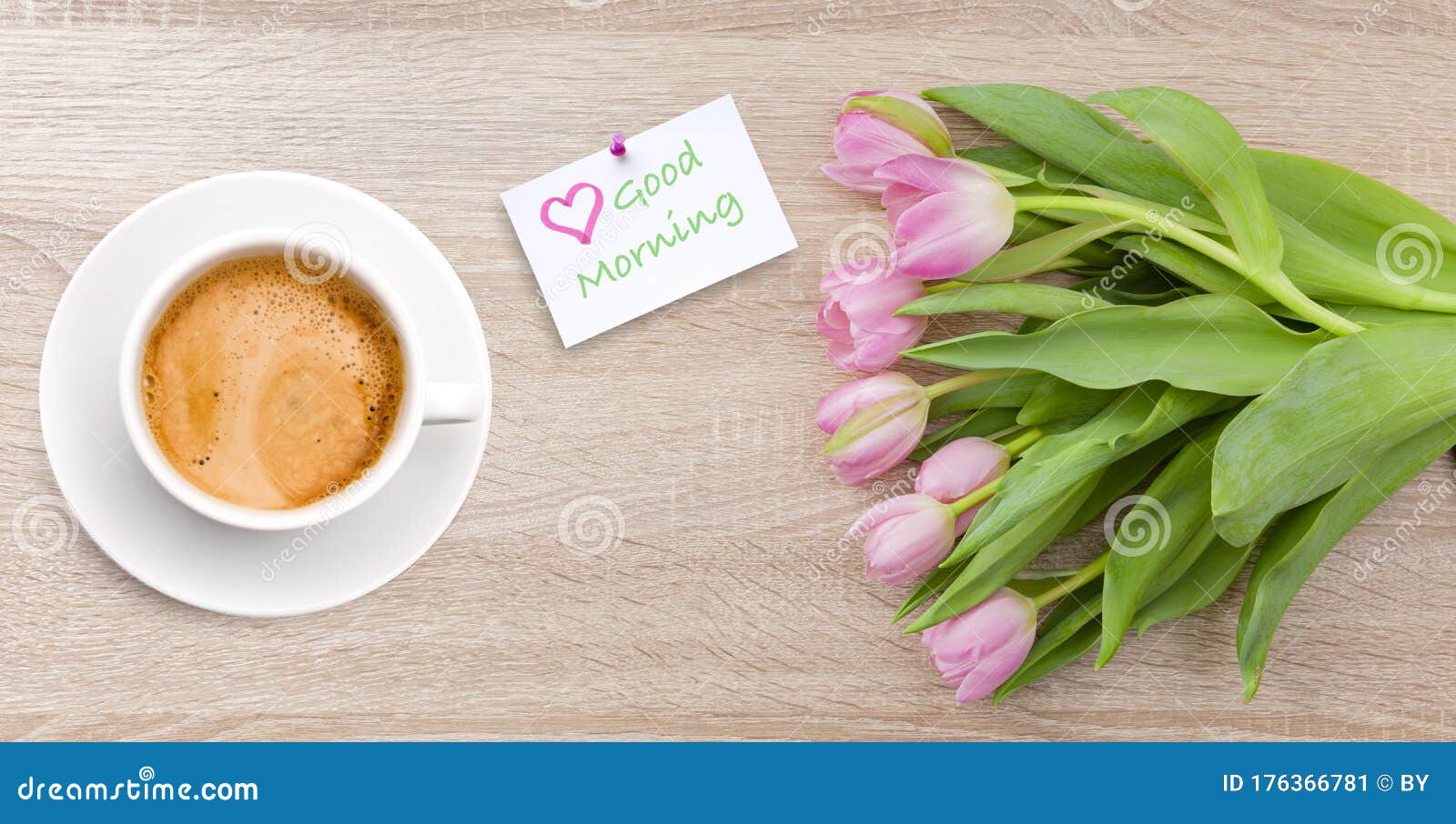 Good Morning` Greeting with Flowers and Coffee Stock Image - Image ...