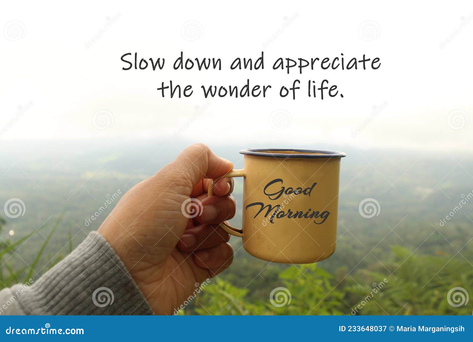 Good Morning Greeting on Cup of Coffee in Hand with Grateful ...