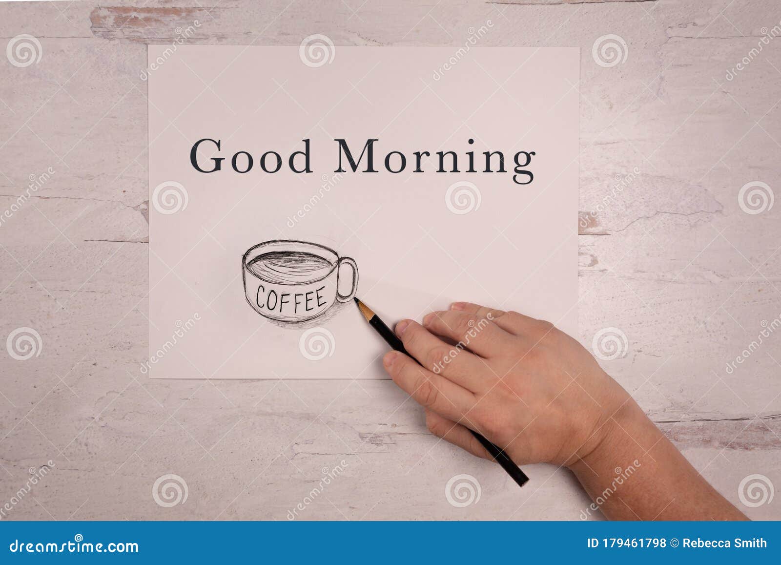 Good Morning Greeting with Hand Drawn Coffee Cup Real Hand Holding ...