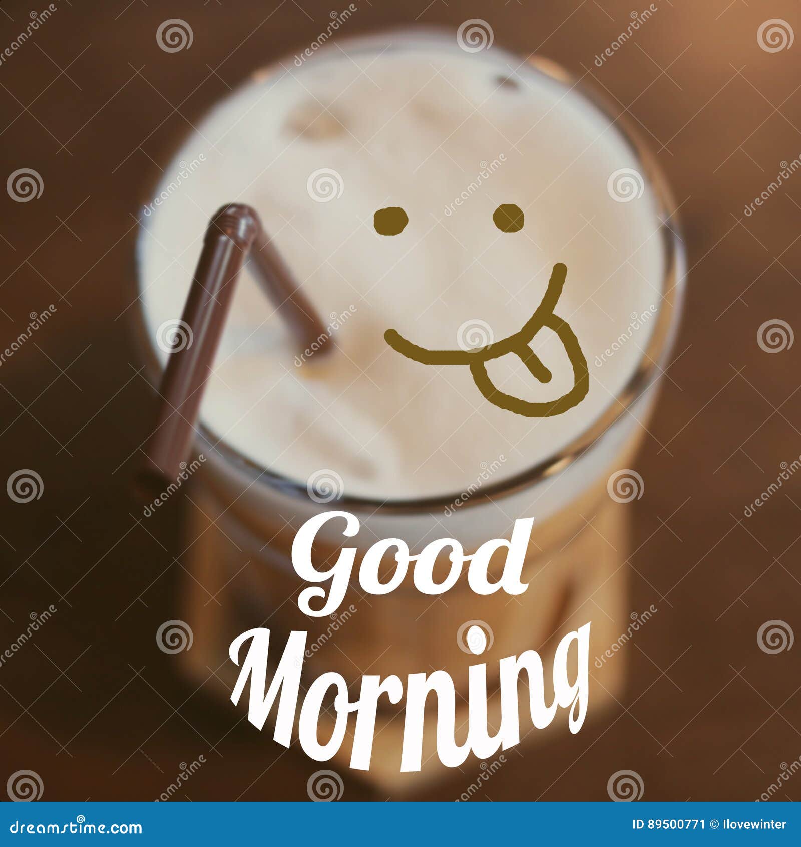 Good Morning With Ice Coffee And Smiling Face Stock Image - Image of wooden...
