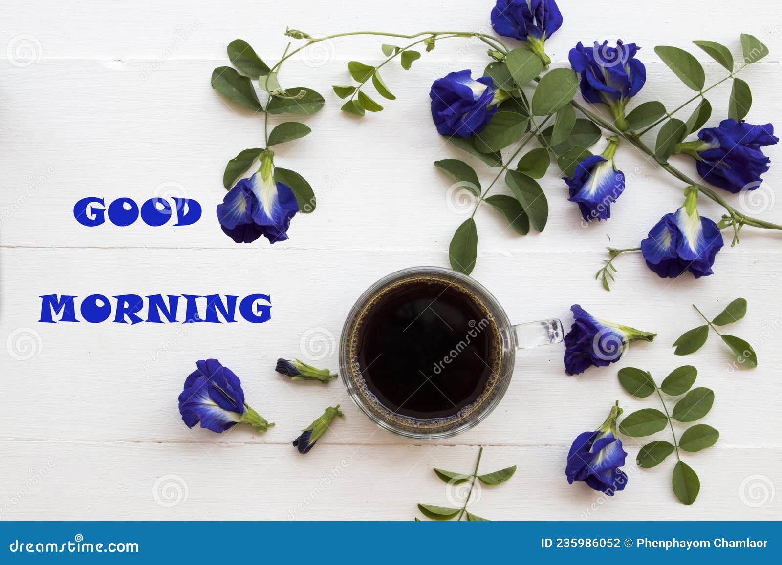 Good Morning Message Card with Hot Coffee, Blue Flowers Butterfly ...