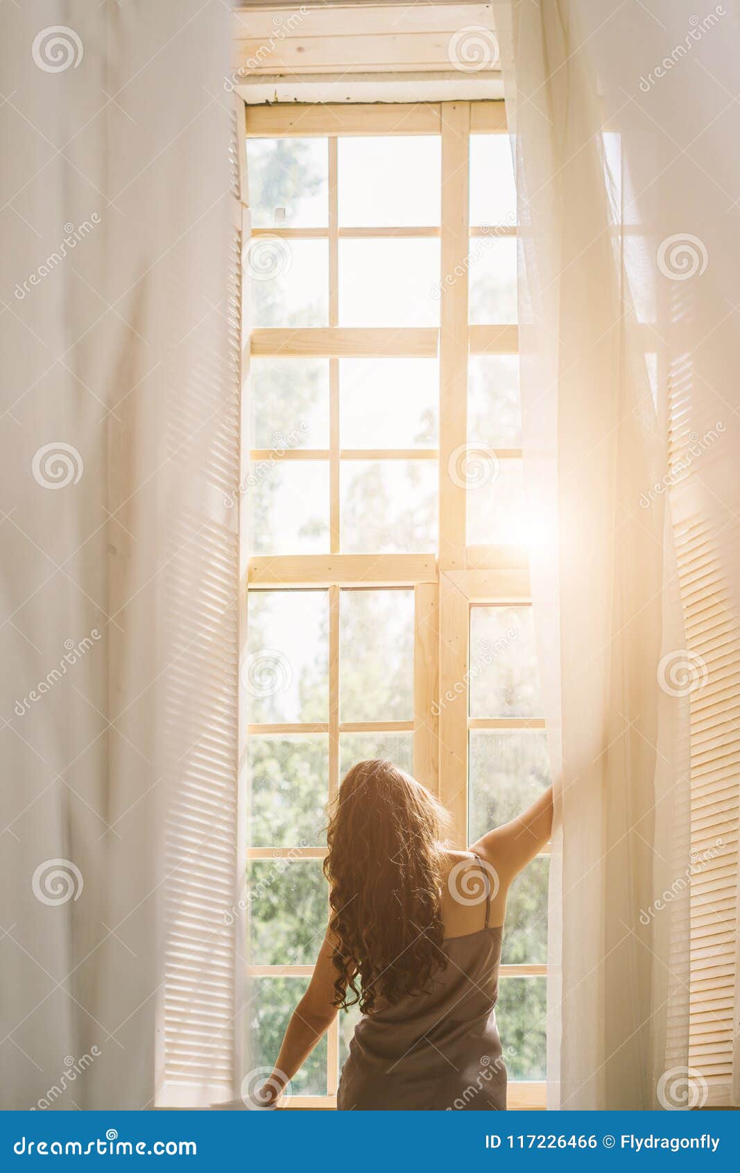 Good Morning Mood. Woman Opening Window. View From Back Stock Photo ... Open Window At Morning