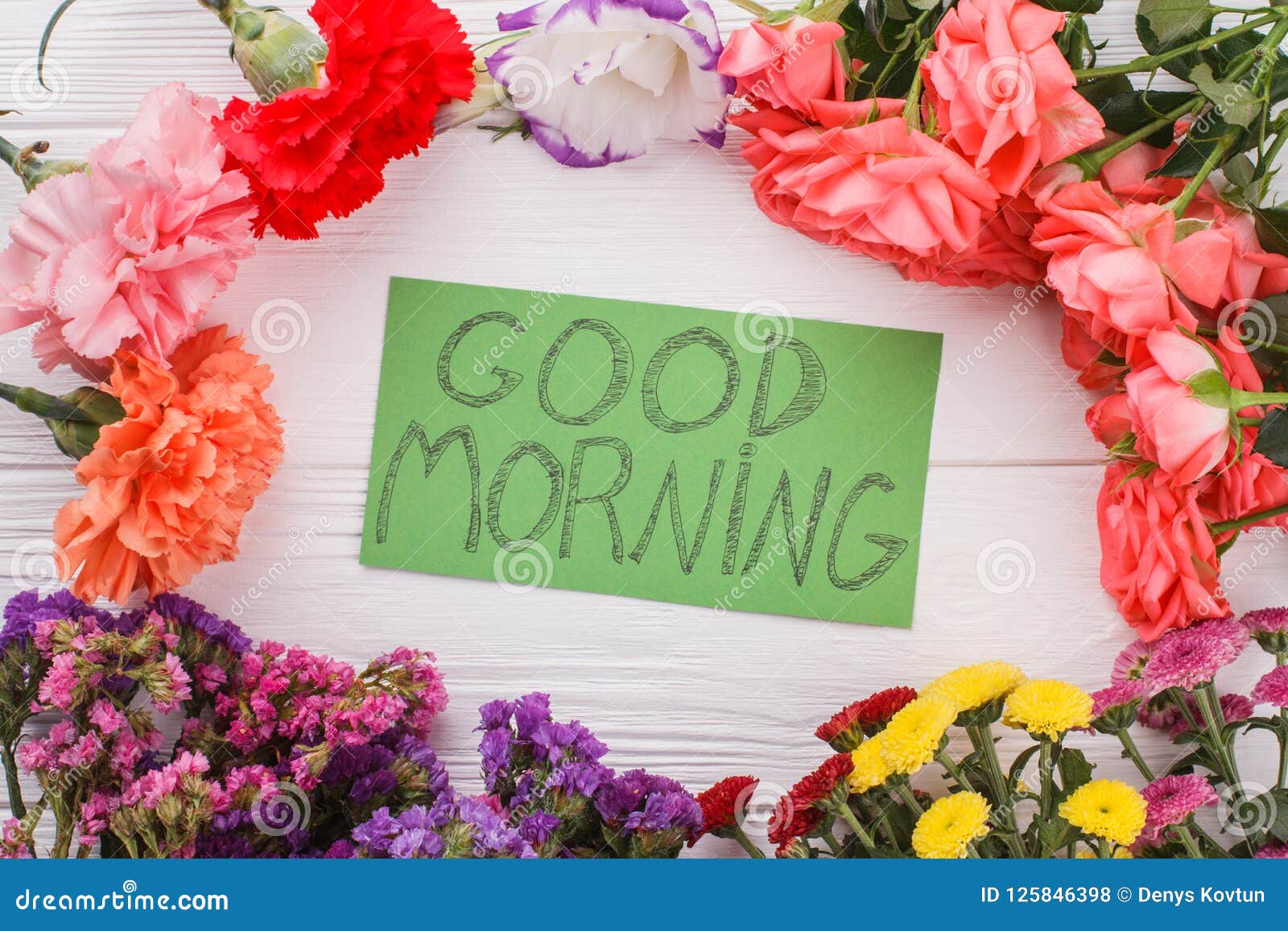 Good Morning Note Amoung Different Flowers. Stock Photo - Image of ...