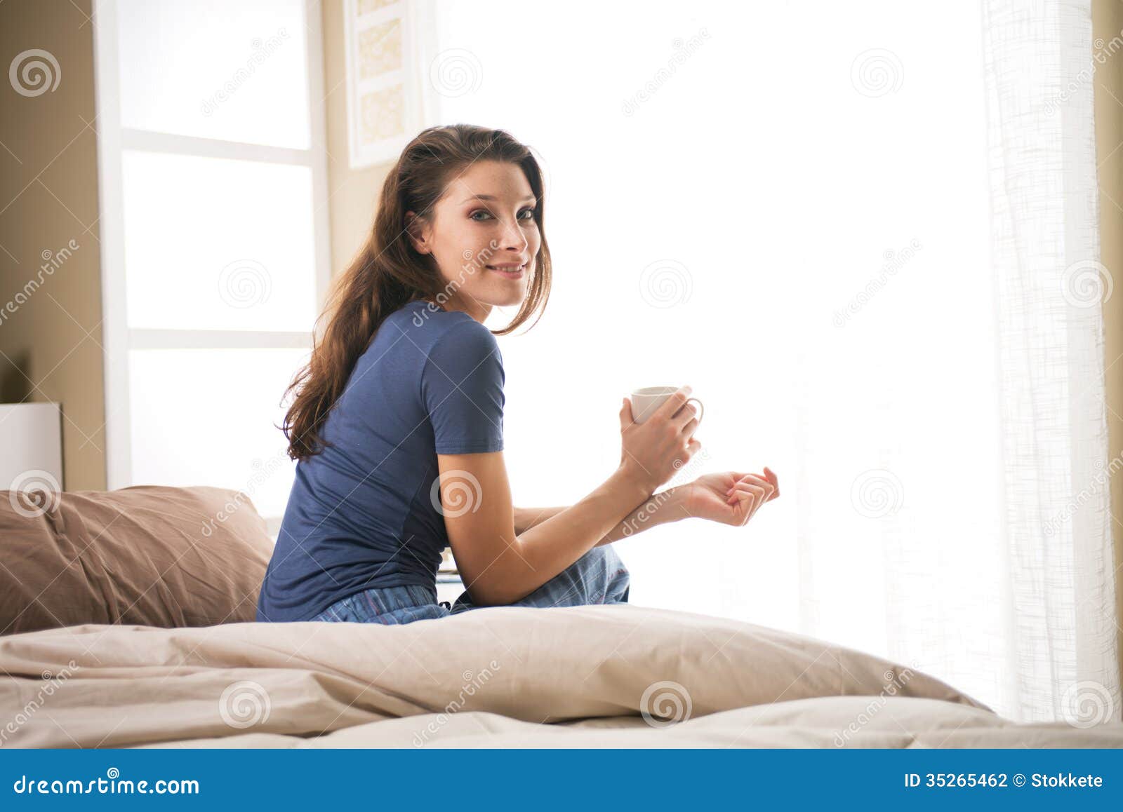 good morning portrait pretty happy young woman holding cup coffee bed 35265462