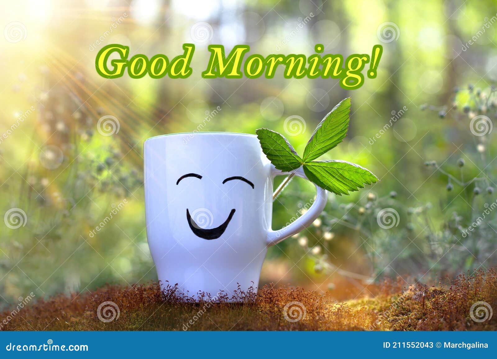 Good Morning. Positive Cup with Smile on Sunny Green Background of ...