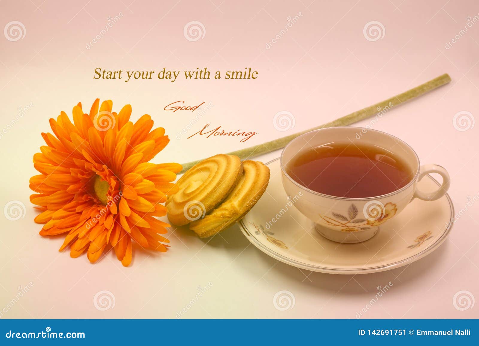 A Good Morning Quote Photo with Cup of Tea ,flower and Cookies ...