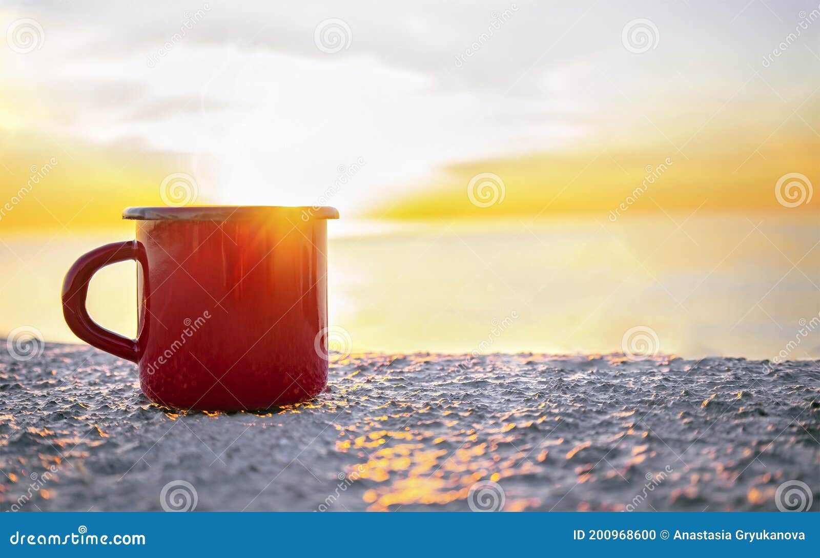 Good Morning Sunrise Concept. Red Mug with Tea or Coffee on the ...