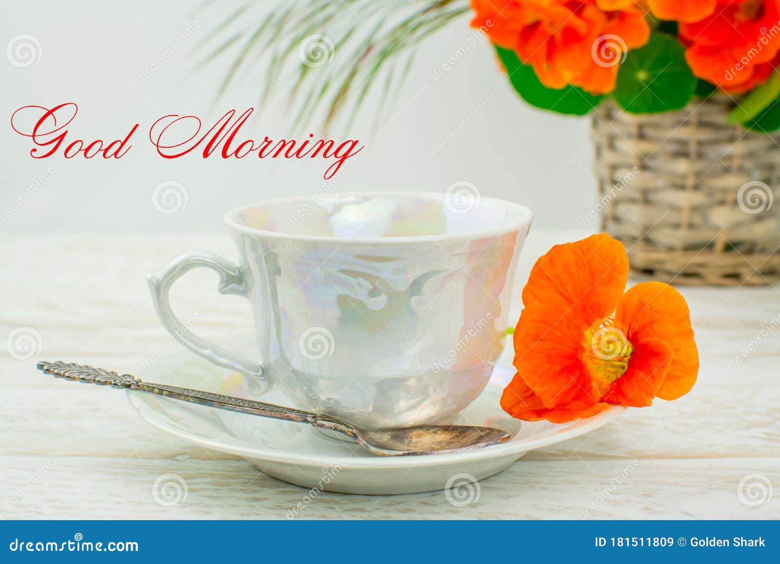 Good Morning Text Cup of Coffee Stock Image - Image of flowers ...