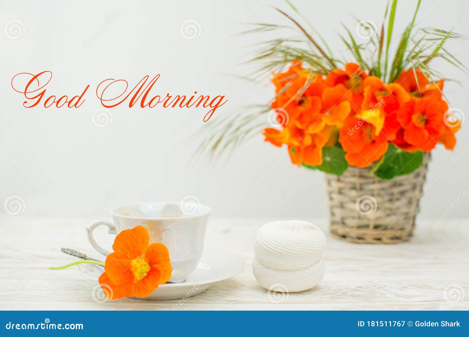 Good Morning Text Cup Of Coffee On Wooden Background And Nasturtium Edable Flowers Stock Image Image Of Sweet Decor 181511767