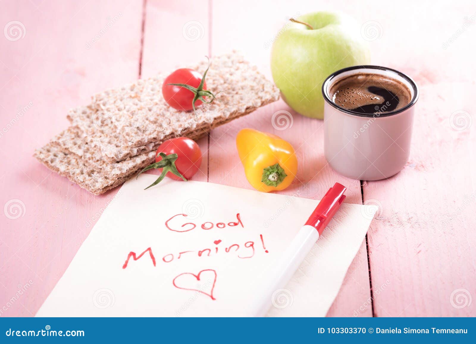 Good Morning Text on a Napkin and Snacks Stock Photo - Image of ...