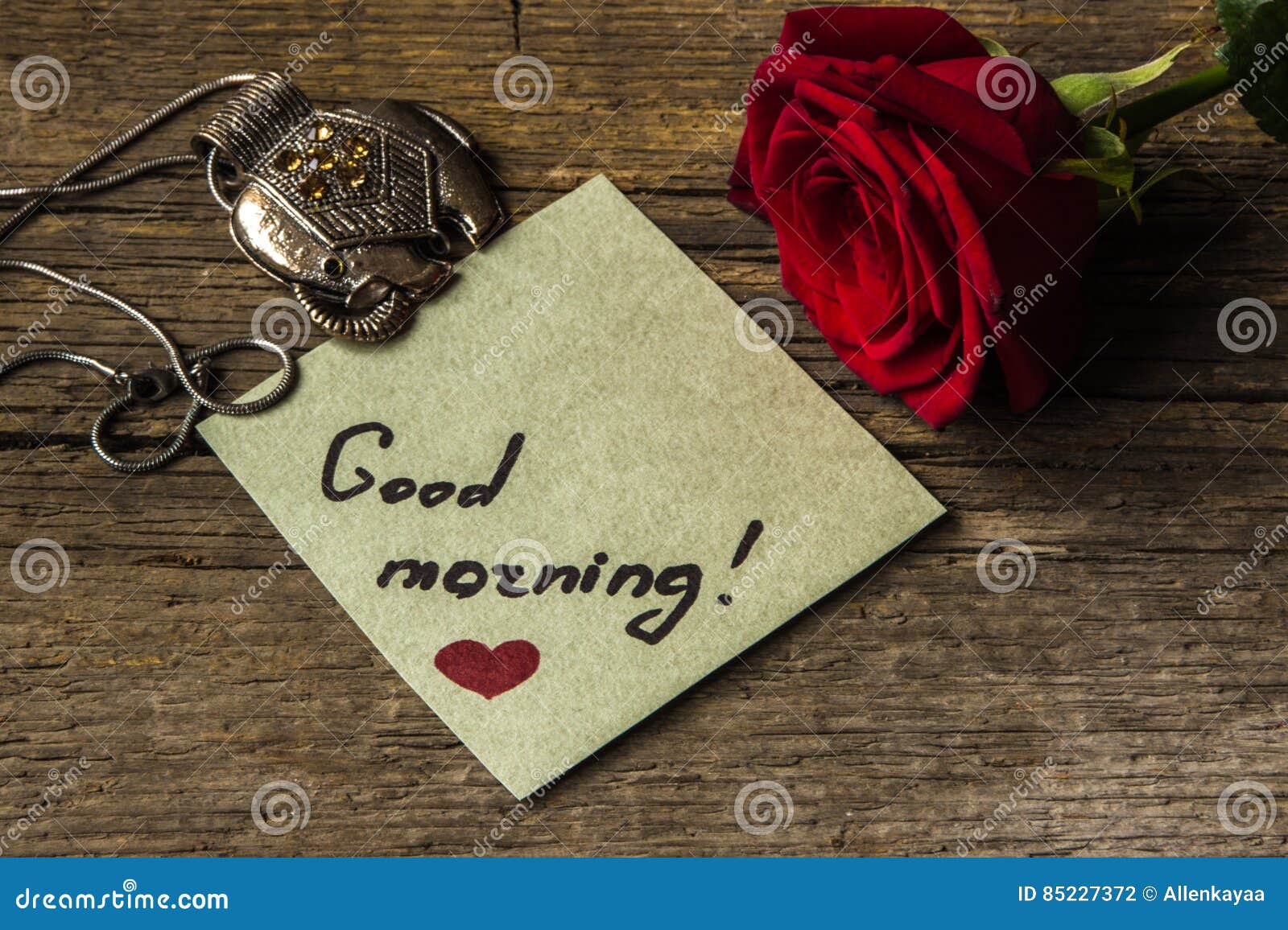 Good Morning Text on a Paper, Red Rose Flower and Decoration El ...