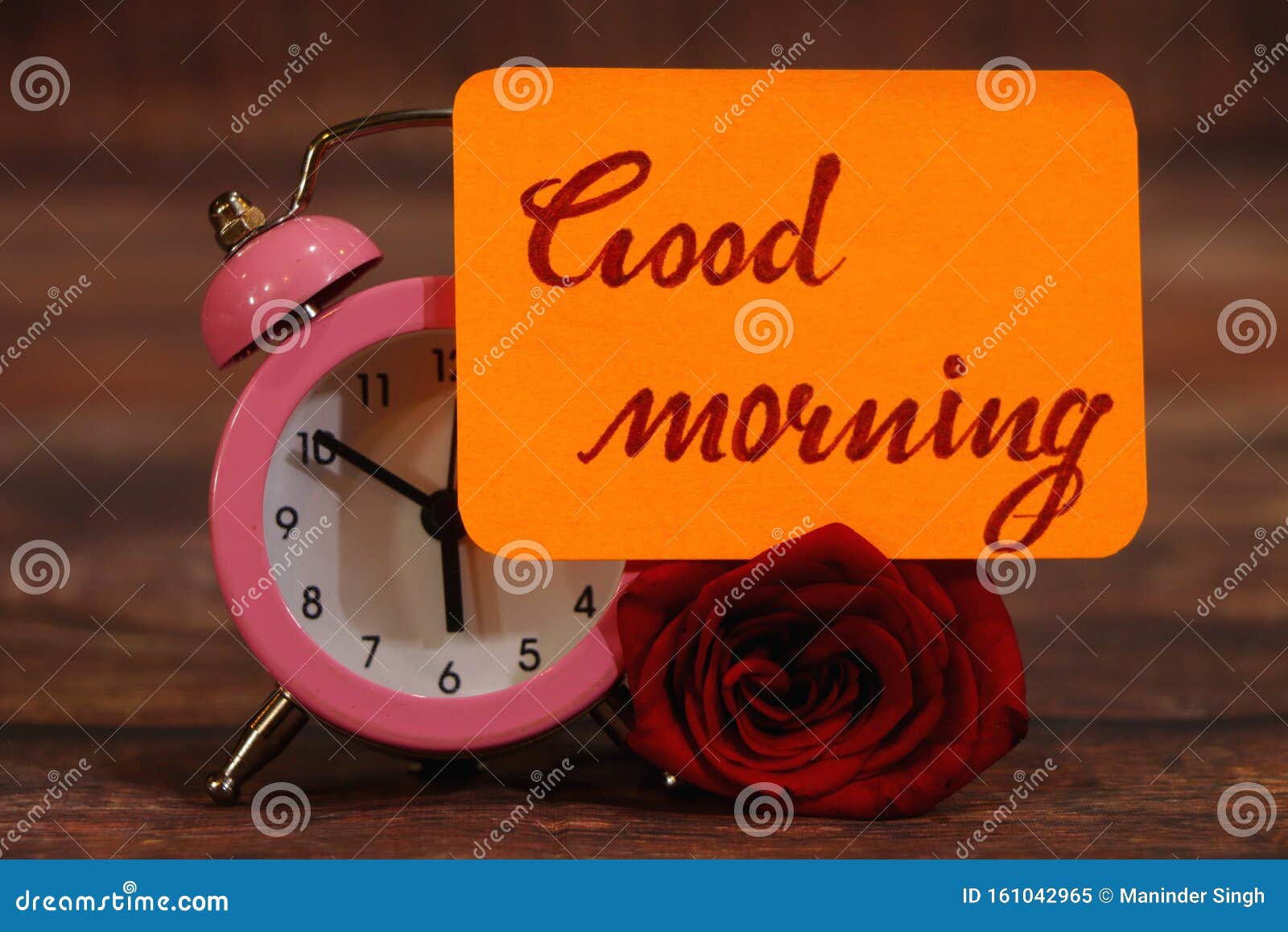 Good Morning Text with Red Rose and Alarm Clock. Stock Image ...