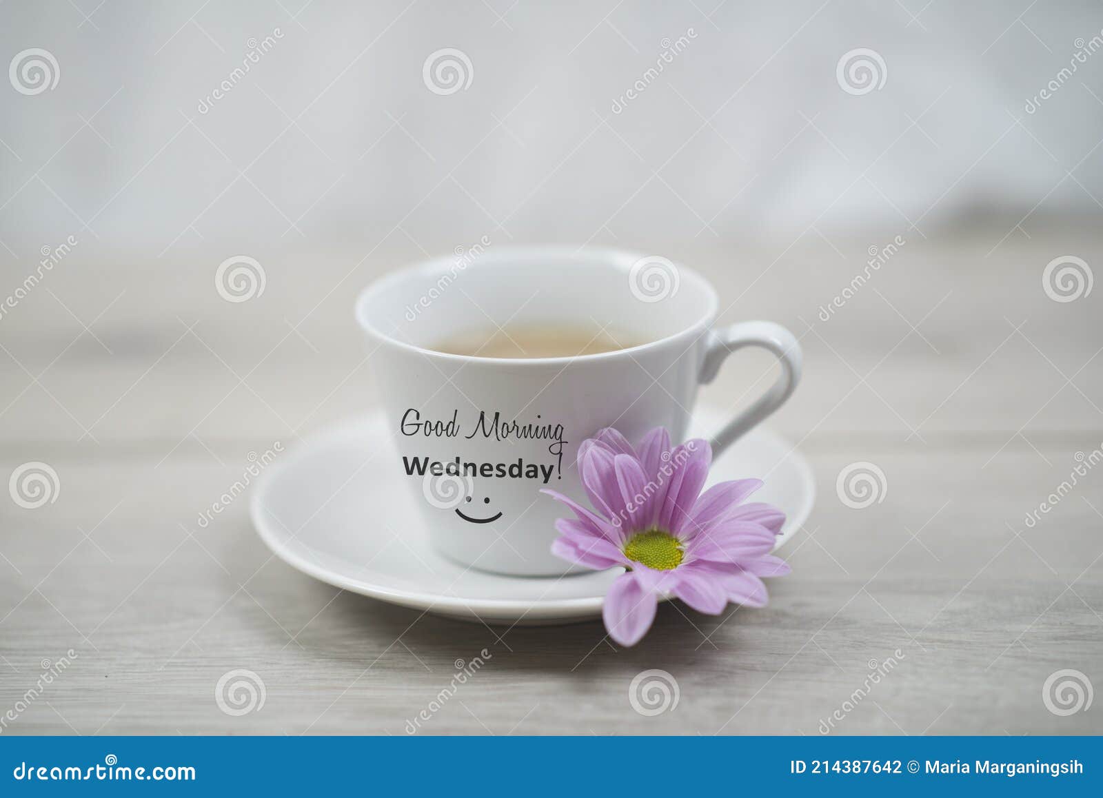 Good Morning Wednesday. Happy Wednesday Concept with Cup of Morning Coffee  and Purple Flower on Soft White Table Background. Stock Photo - Image of  feminism, espresso: 214387642
