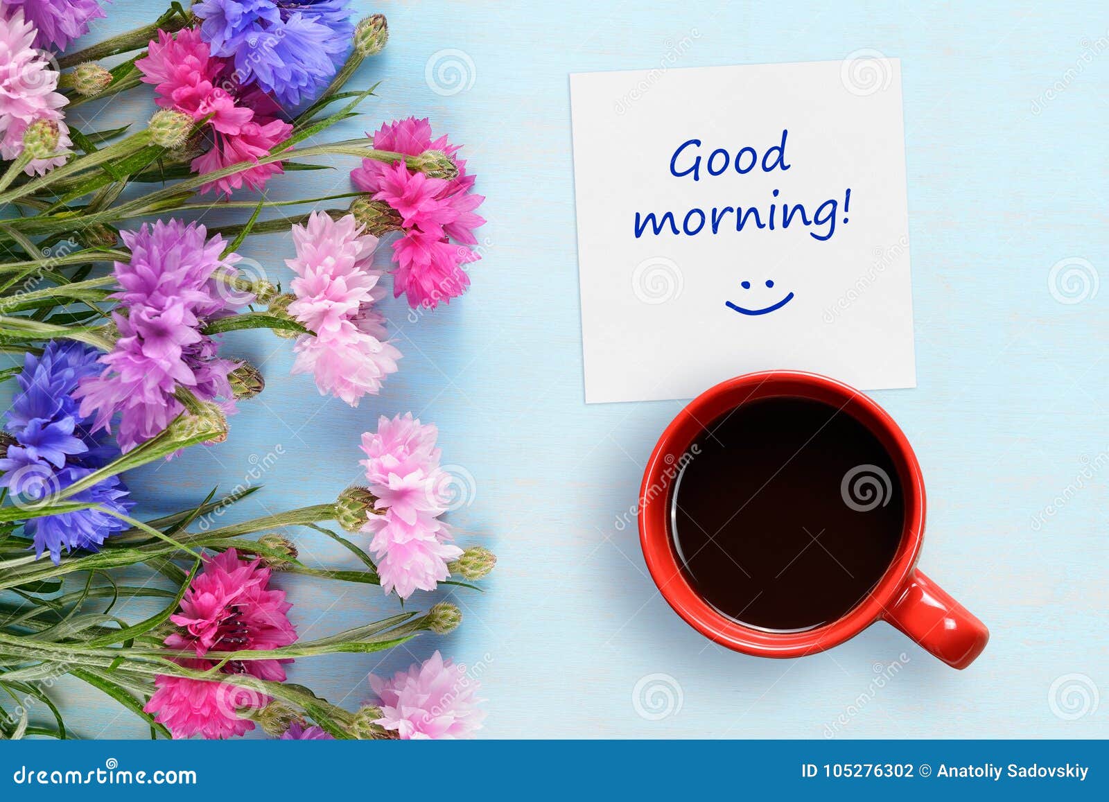 Good Morning Wishes, Coffee Cup and Cornflowers on Blue Background ...